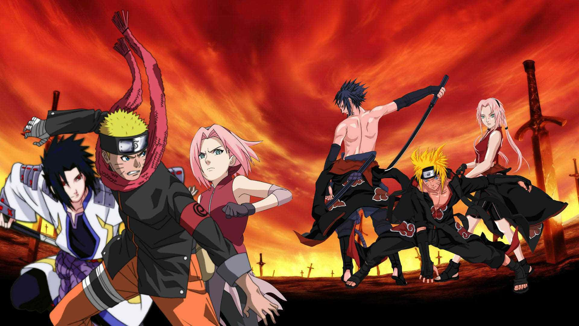 Naruto Group, fiery red-orange sunset sky, swords, Full HD Desktop Wallpaper