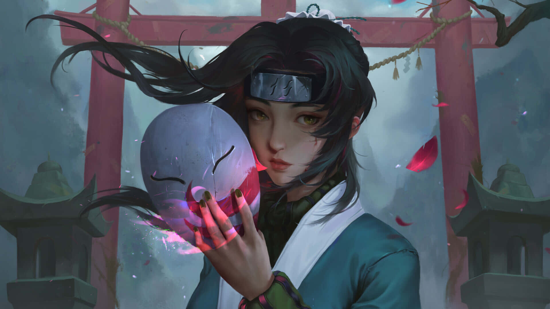 Naruto Haku, glowing mask, misty shrine backdrop, Full HD Desktop Wallpaper