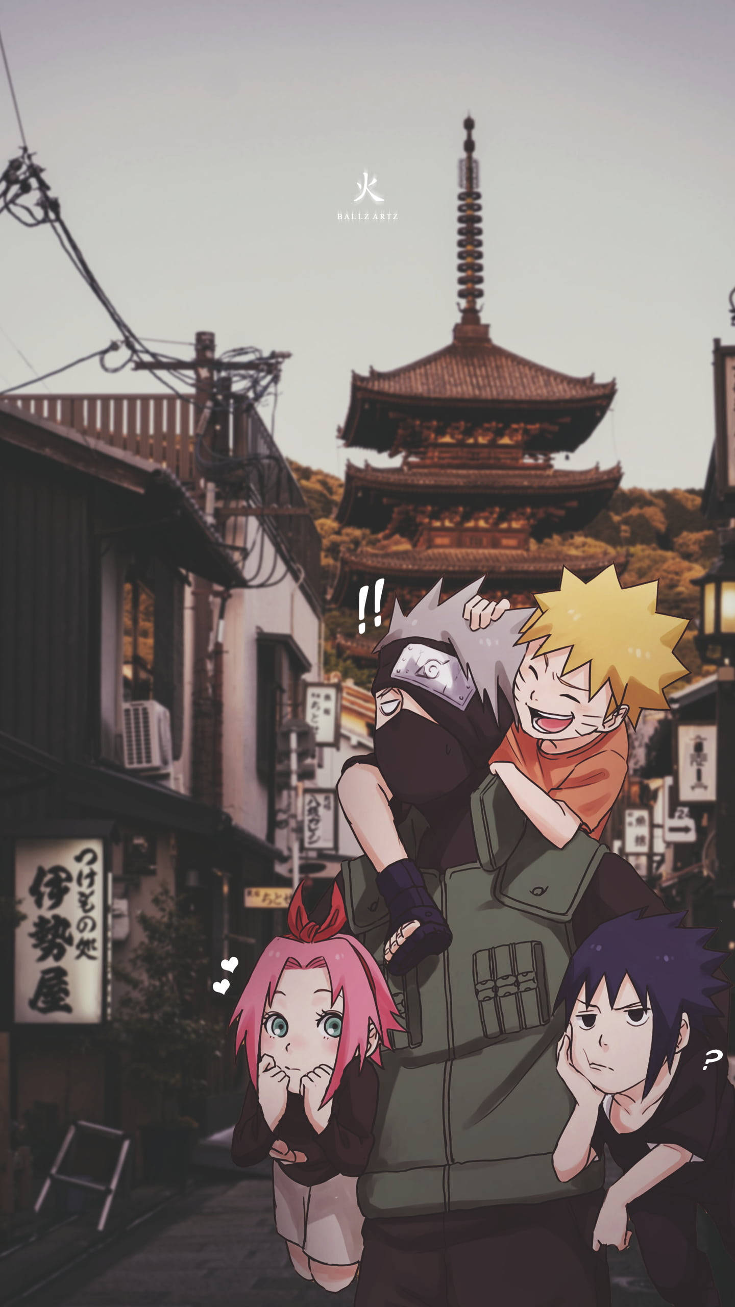 Team 7, Naruto, Japanese street, 2K Phone Wallpaper