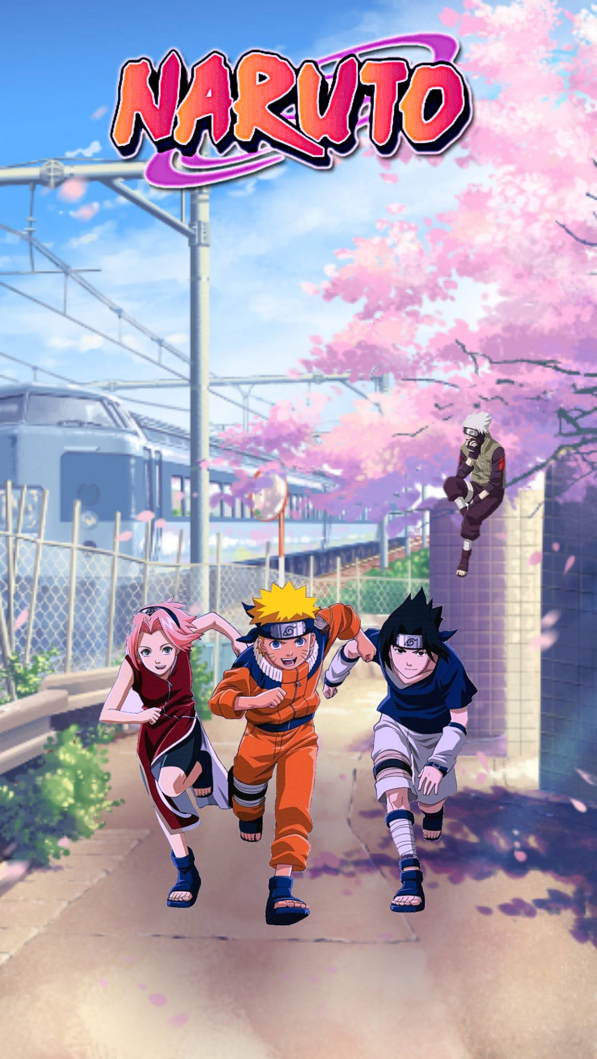 Team 7, Naruto, cherry blossom trees, Full HD Phone Wallpaper