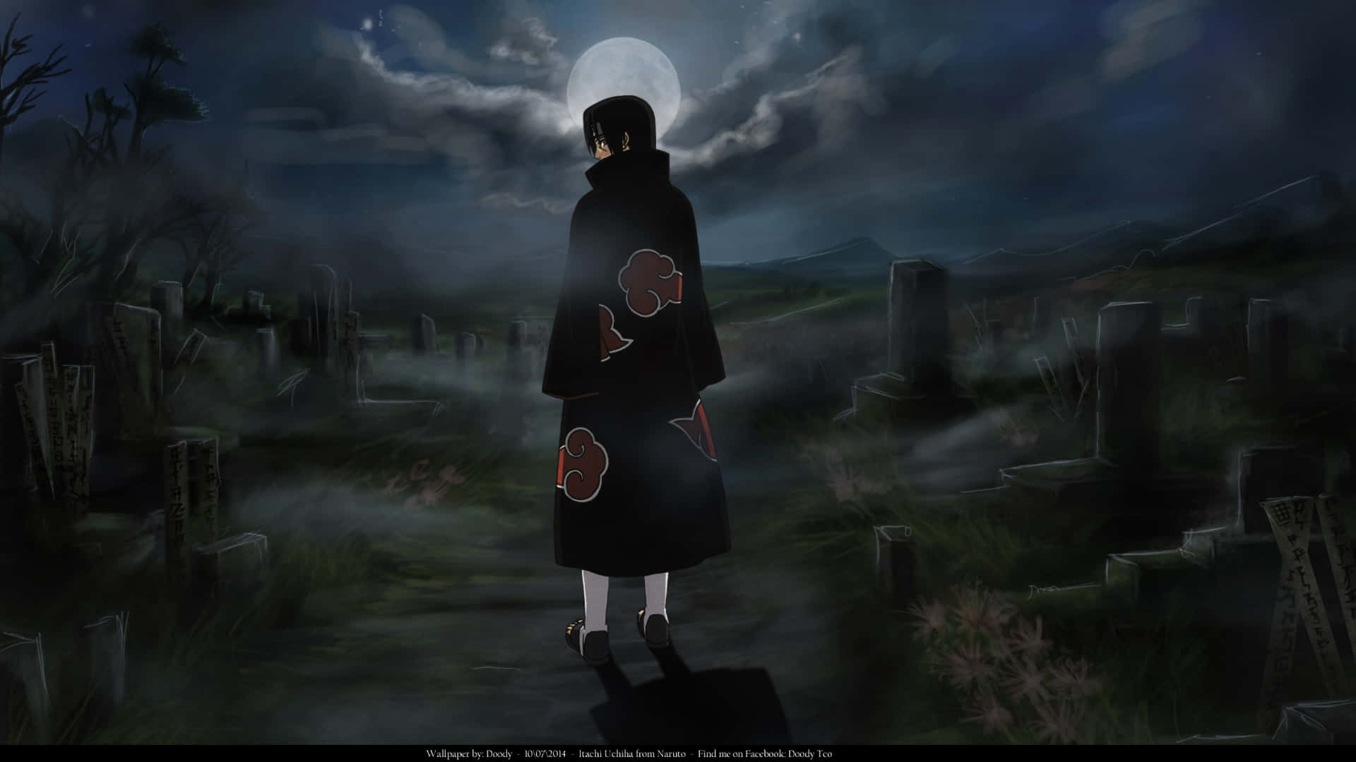 Naruto Itachi, black cloak with red clouds, misty graveyard, Full HD Desktop Wallpaper