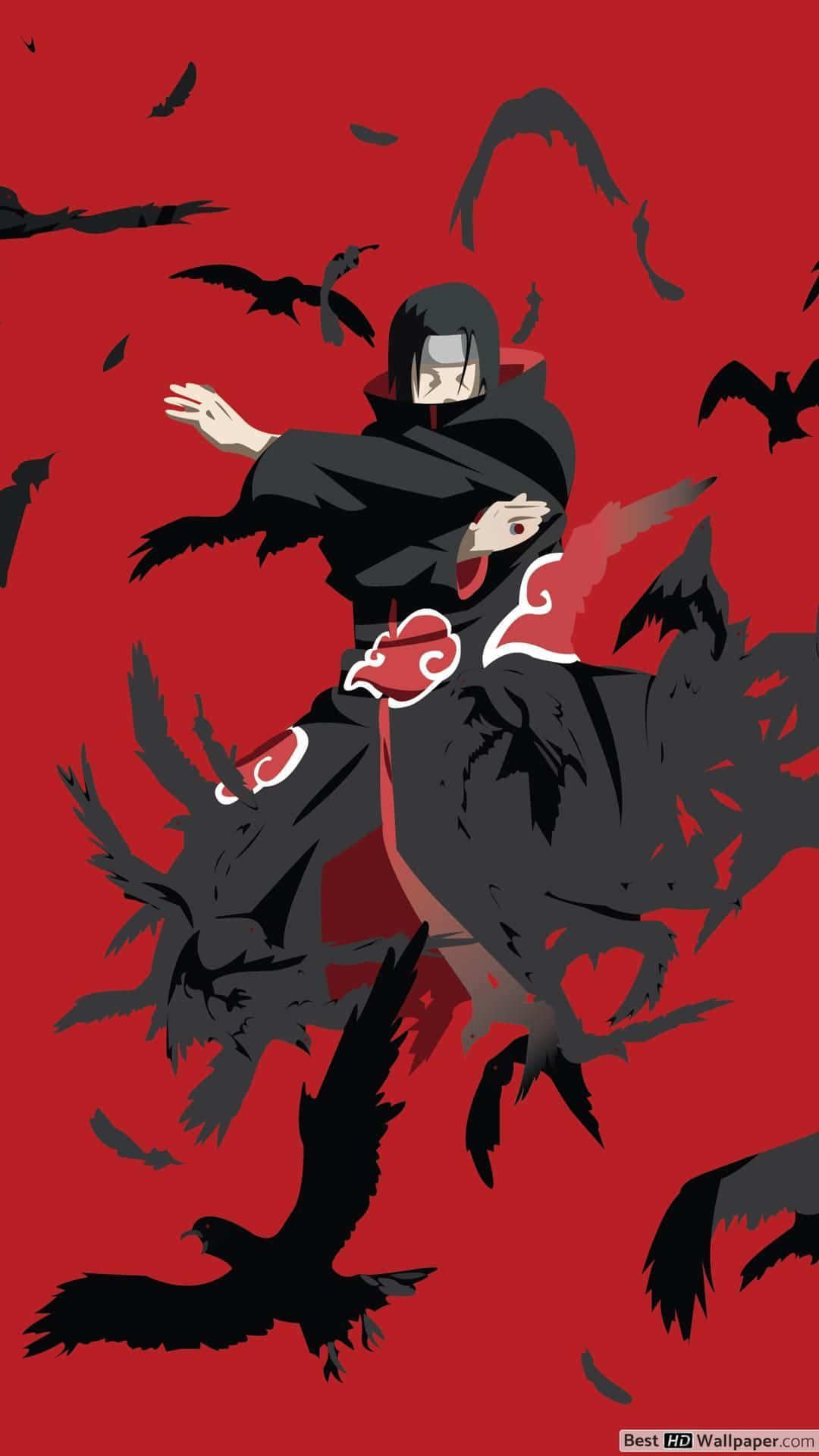 Naruto Itachi, black cloak with red clouds, swirling black birds, Full HD Phone Wallpaper
