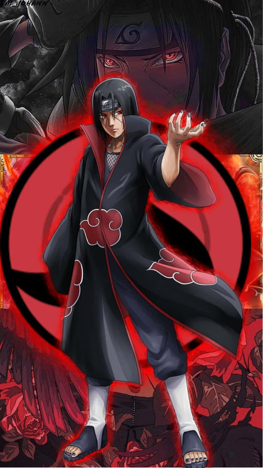 Naruto Itachi, black cloak with red clouds, glowing Sharingan symbol, HD Phone Wallpaper