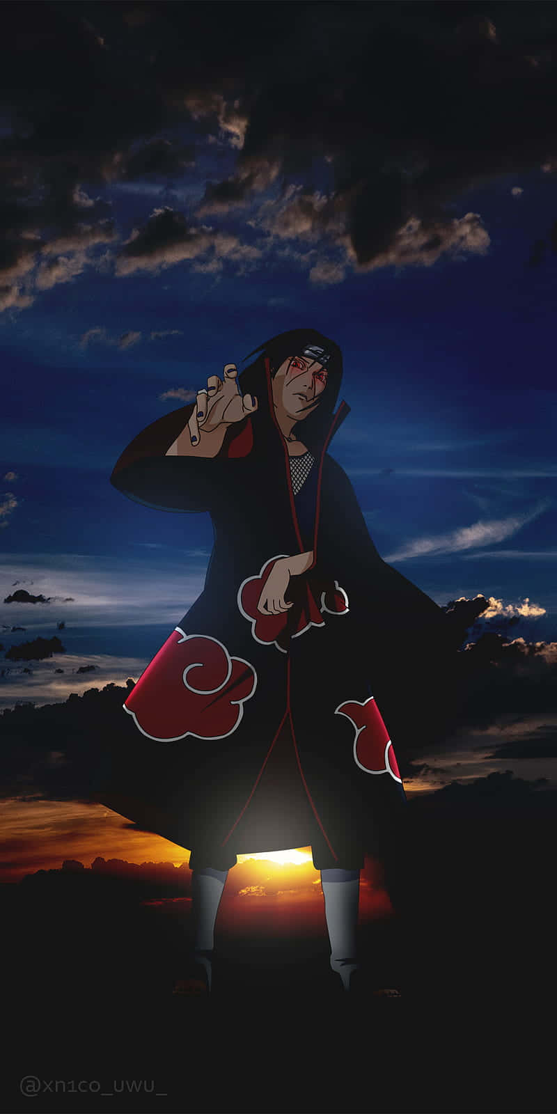 Naruto Itachi, black cloak with red clouds, silhouetted, HD Phone Wallpaper