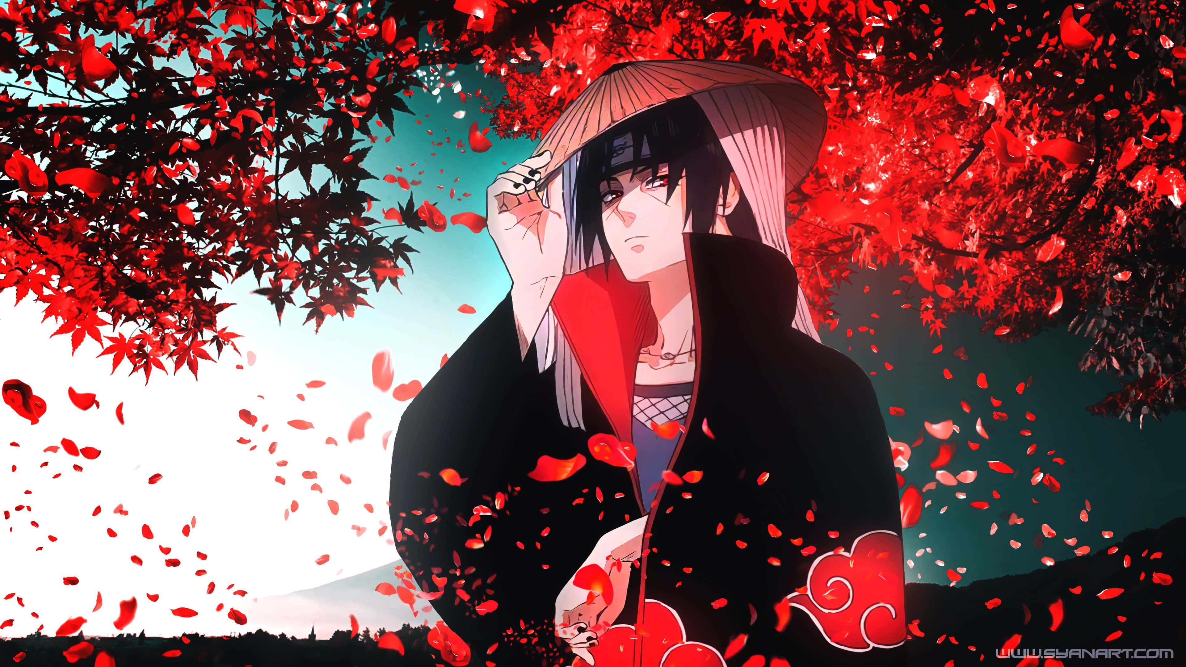 Naruto Itachi, black cloak with red clouds, red maple leaves, 4K Desktop Wallpaper