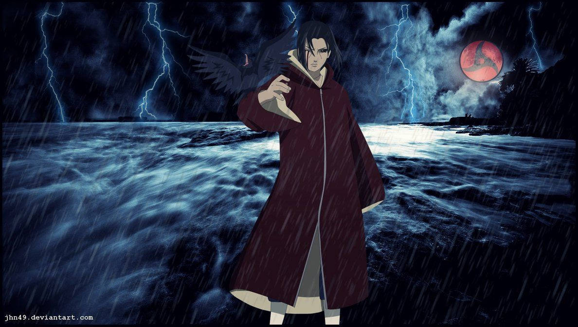 Itachi, maroon cloak, stormy ocean, SD Desktop Wallpaper