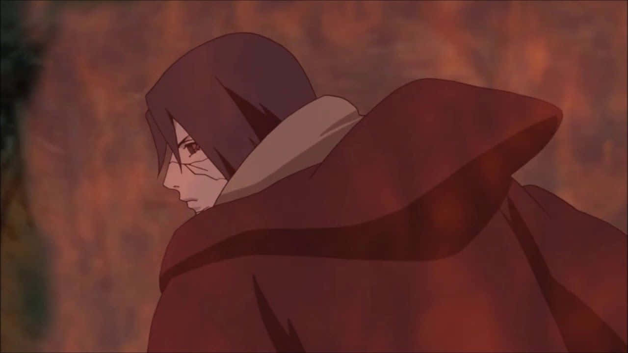 Naruto Itachi, red cloak, fiery orange background, HD Desktop Wallpaper