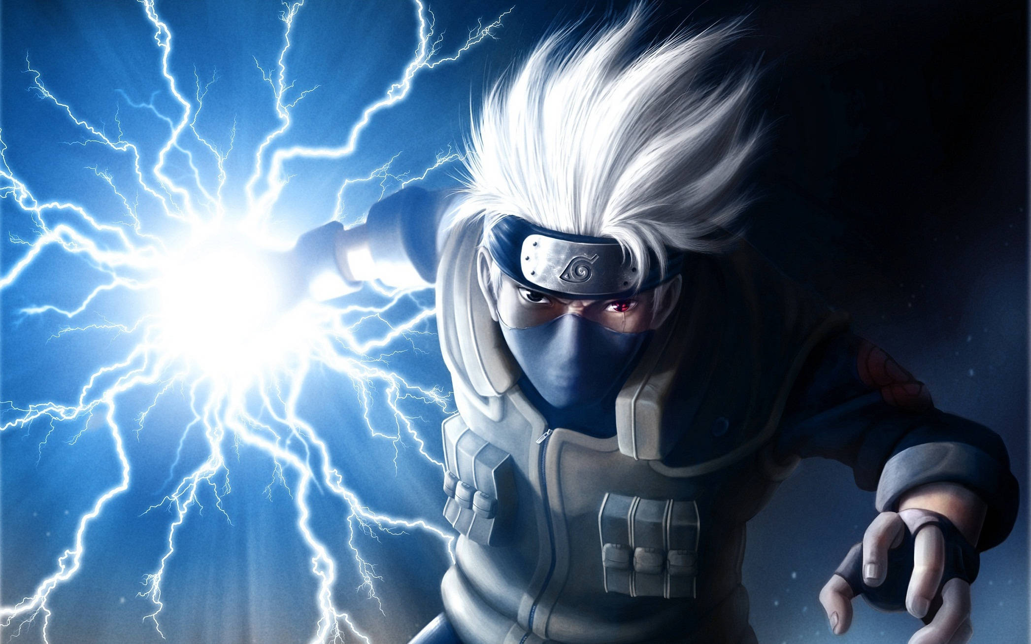 Naruto Kakashi, white hair, crackling blue lightning, Full HD Desktop Wallpaper
