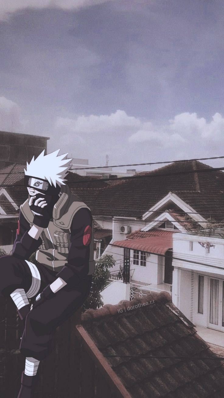 Naruto Kakashi, spiky white hair, tiled rooftop, HD Phone Wallpaper