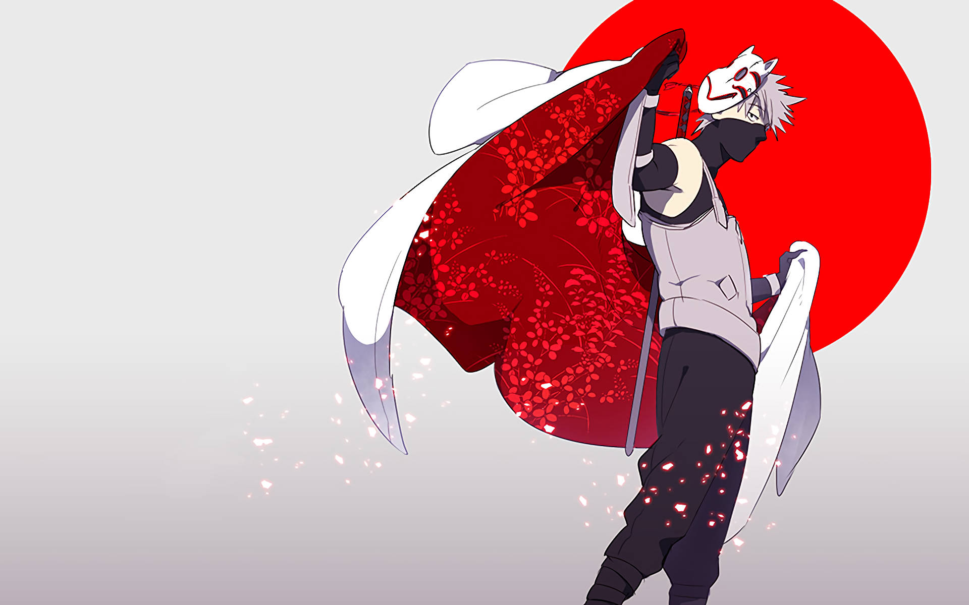 Naruto Kakashi, white hair, red floral cloak, Full HD Desktop Wallpaper