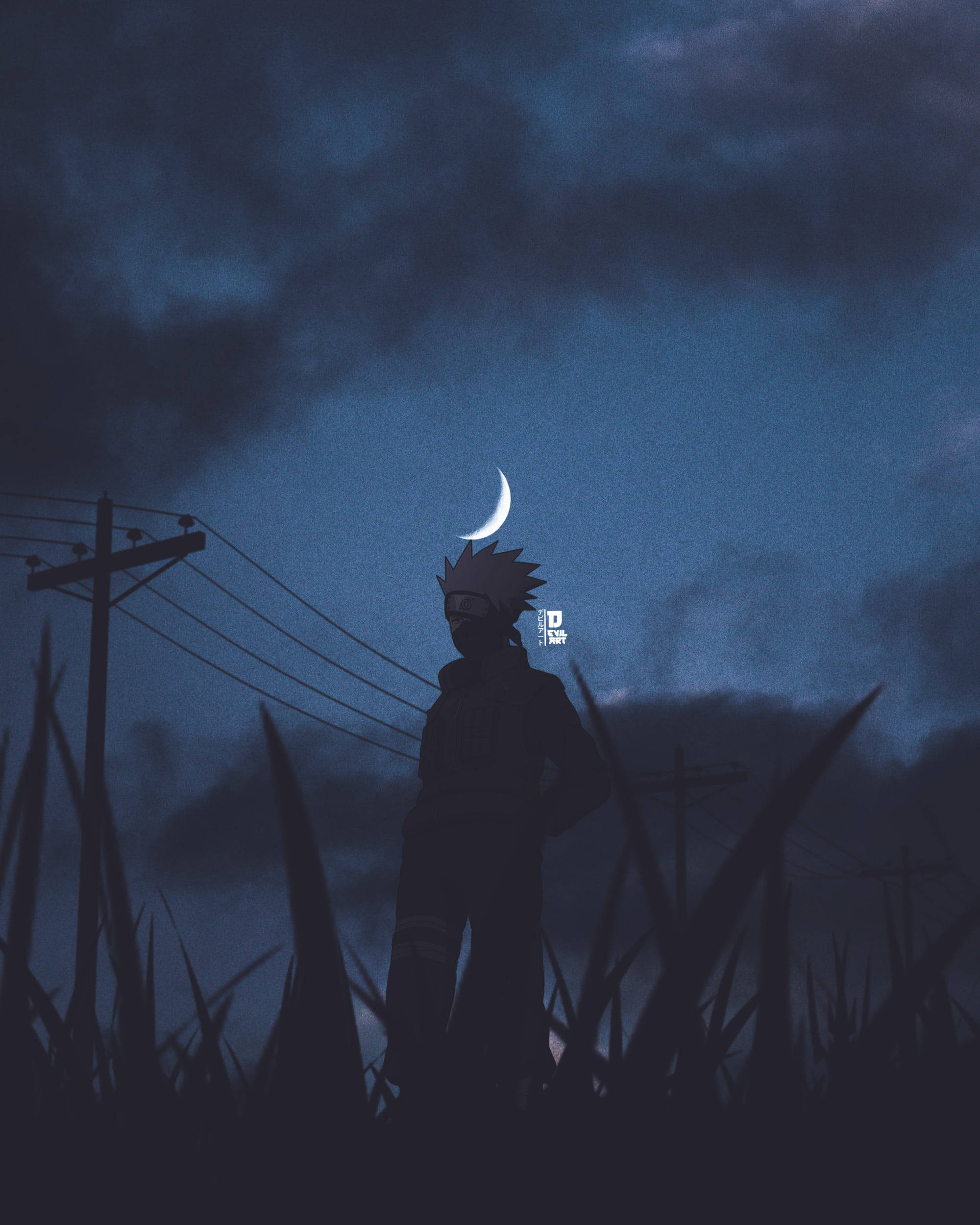 Naruto Kakashi, crescent moon, tall grass, Full HD Phone Wallpaper