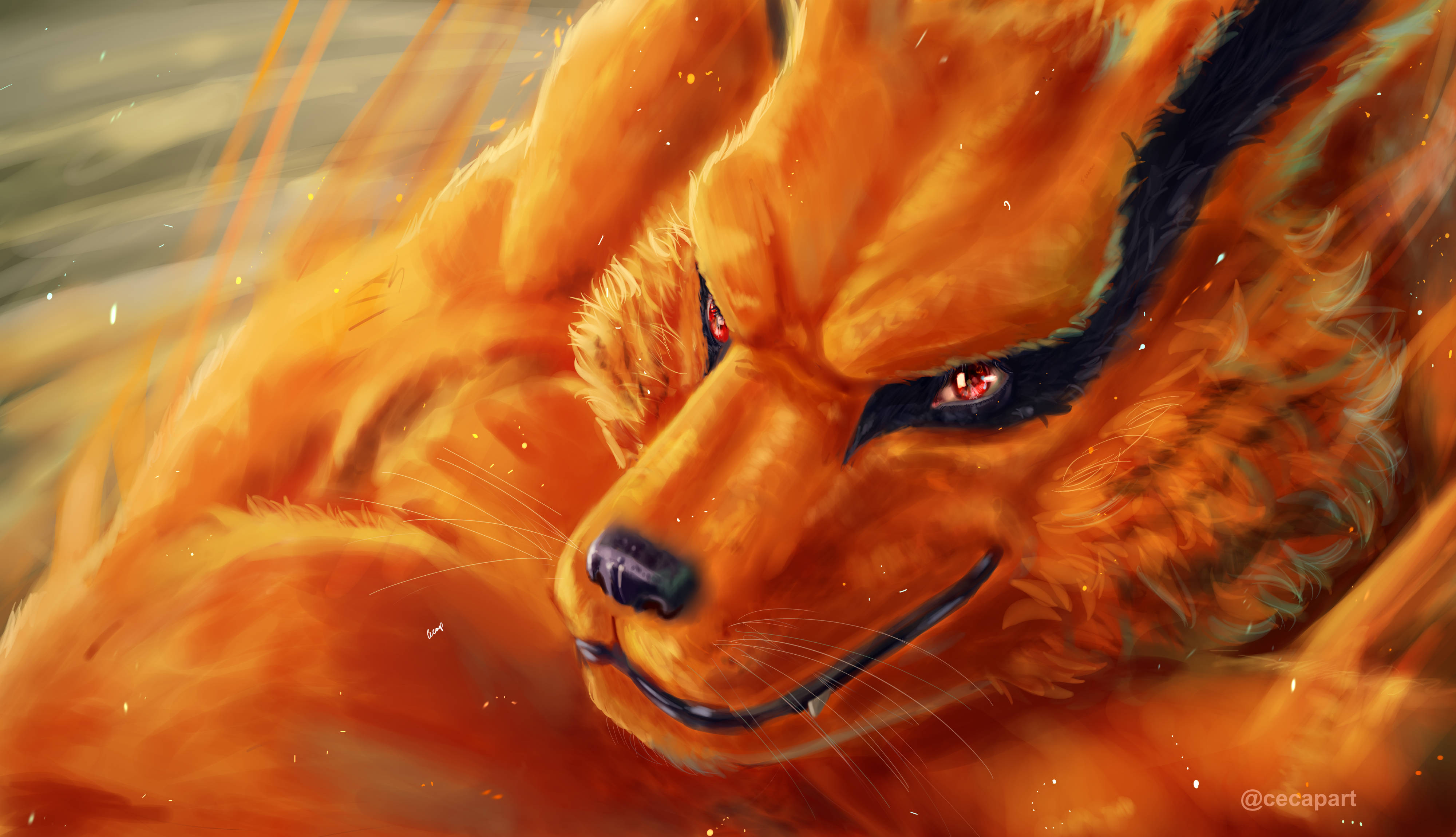 Naruto Kurama, nine-tailed fox, glowing red eyes, 4K Desktop Wallpaper