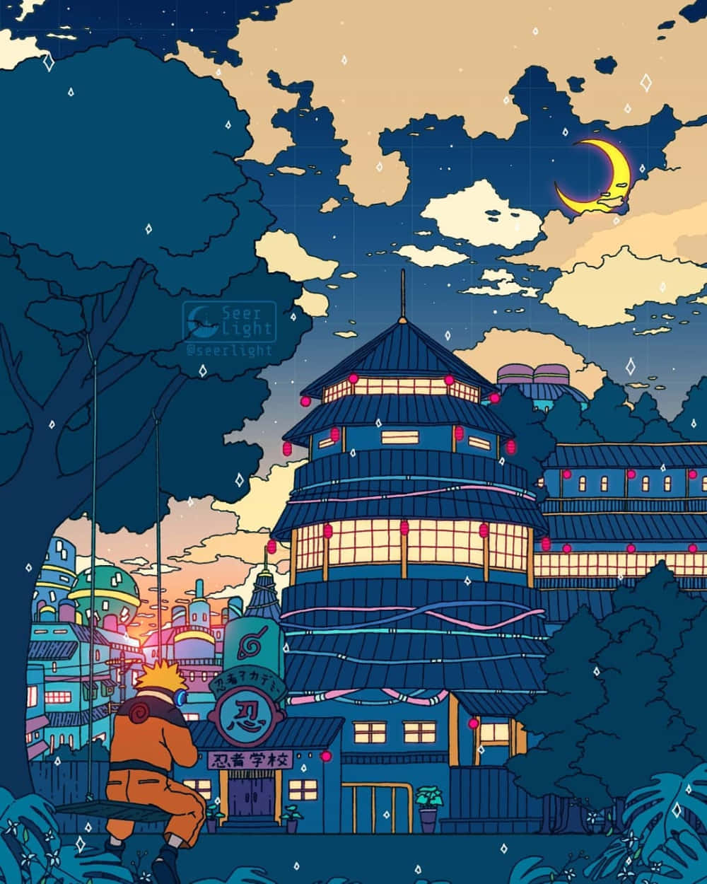 Naruto, orange ninja, glowing blue tower, SD Phone Wallpaper