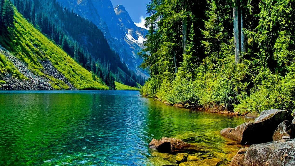 Naruto Scenery, turquoise lake, green forested mountains, SD Desktop Wallpaper