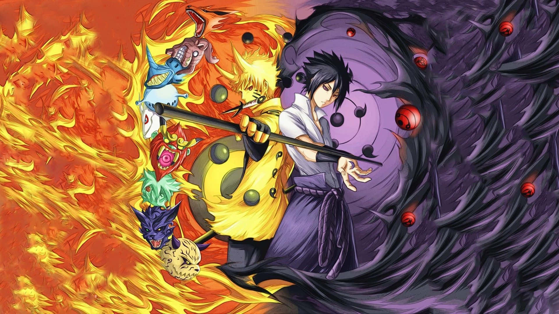 Naruto, fiery orange chakra, dark purple chakra, Full HD Desktop Wallpaper