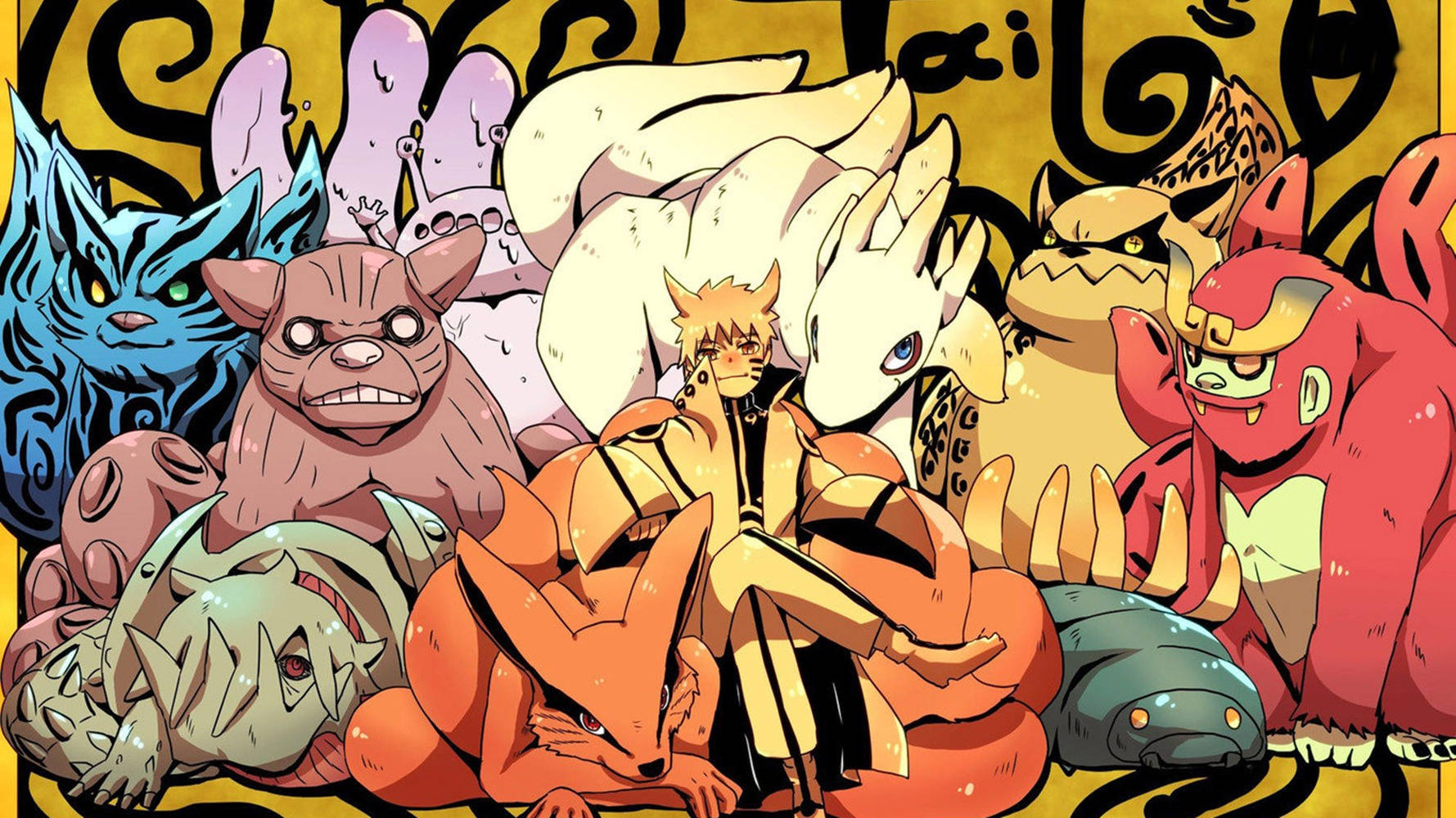 Naruto, nine tailed beasts, swirling golden background, HD Desktop Wallpaper