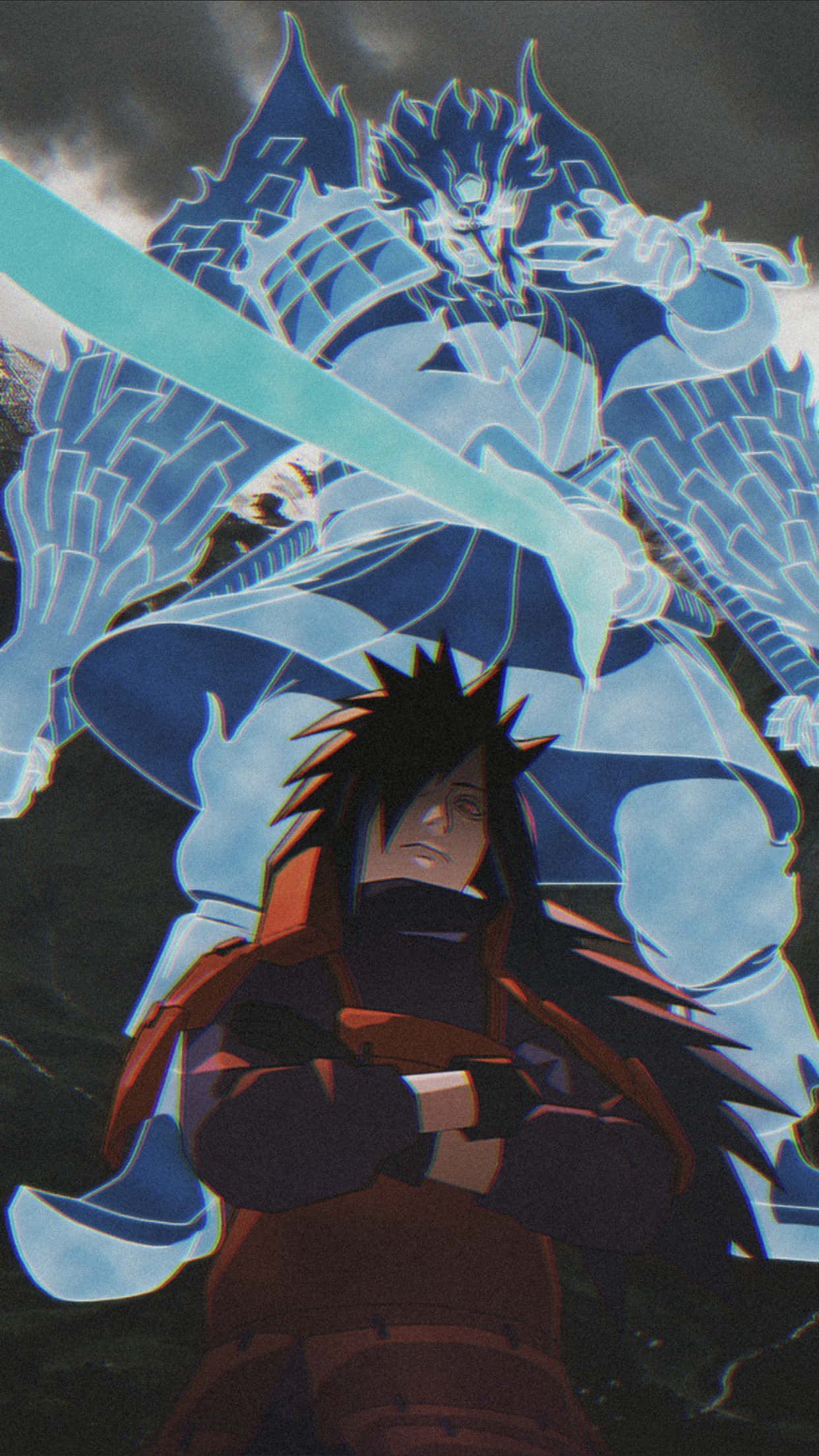 Madara Uchiha, red cloak, glowing blue chakra dragon, Full HD Phone Wallpaper