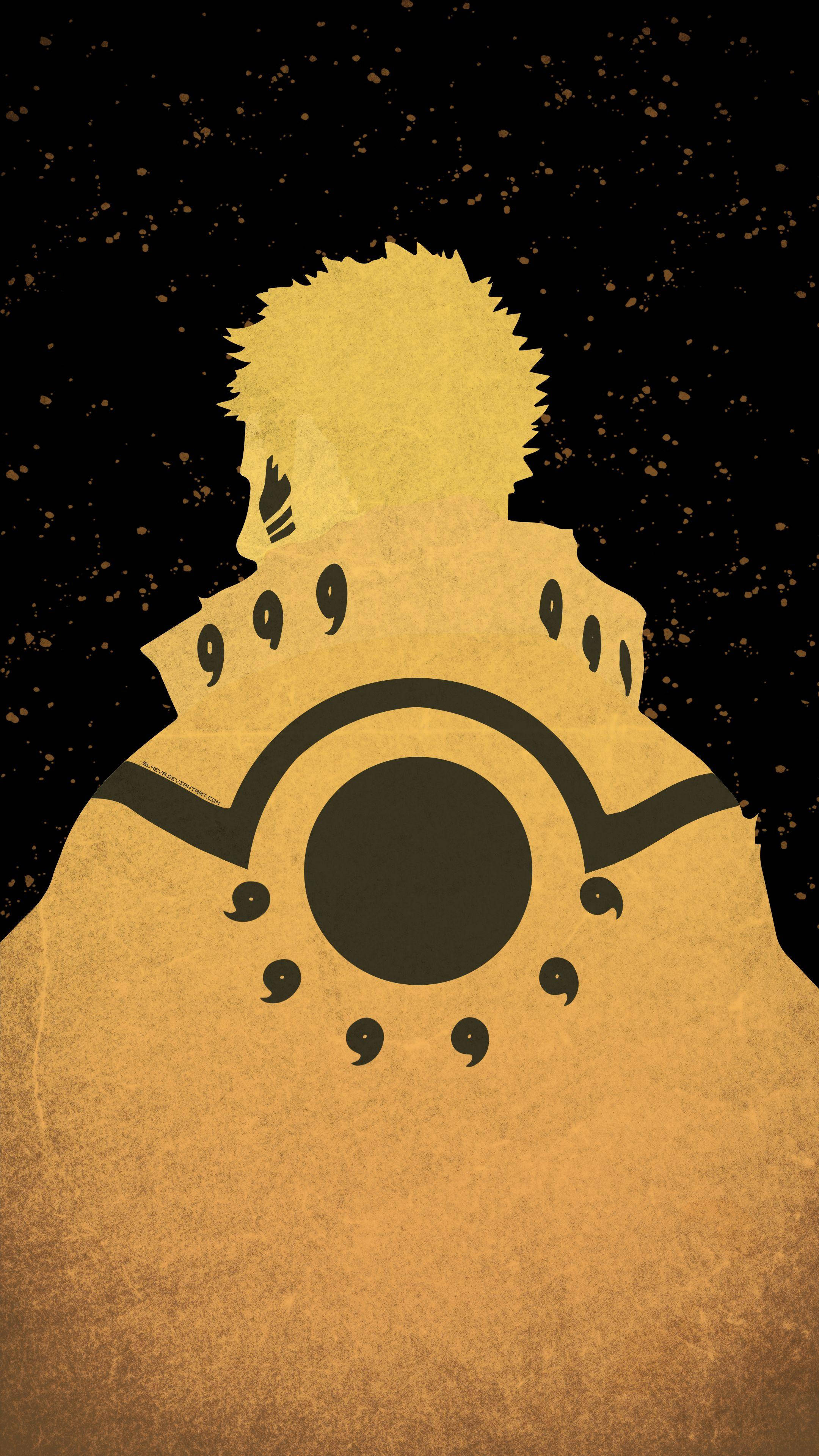 Minimalist Naruto, spiky-haired anime character, glowing golden Rinnegan eye, 4K Phone Wallpaper