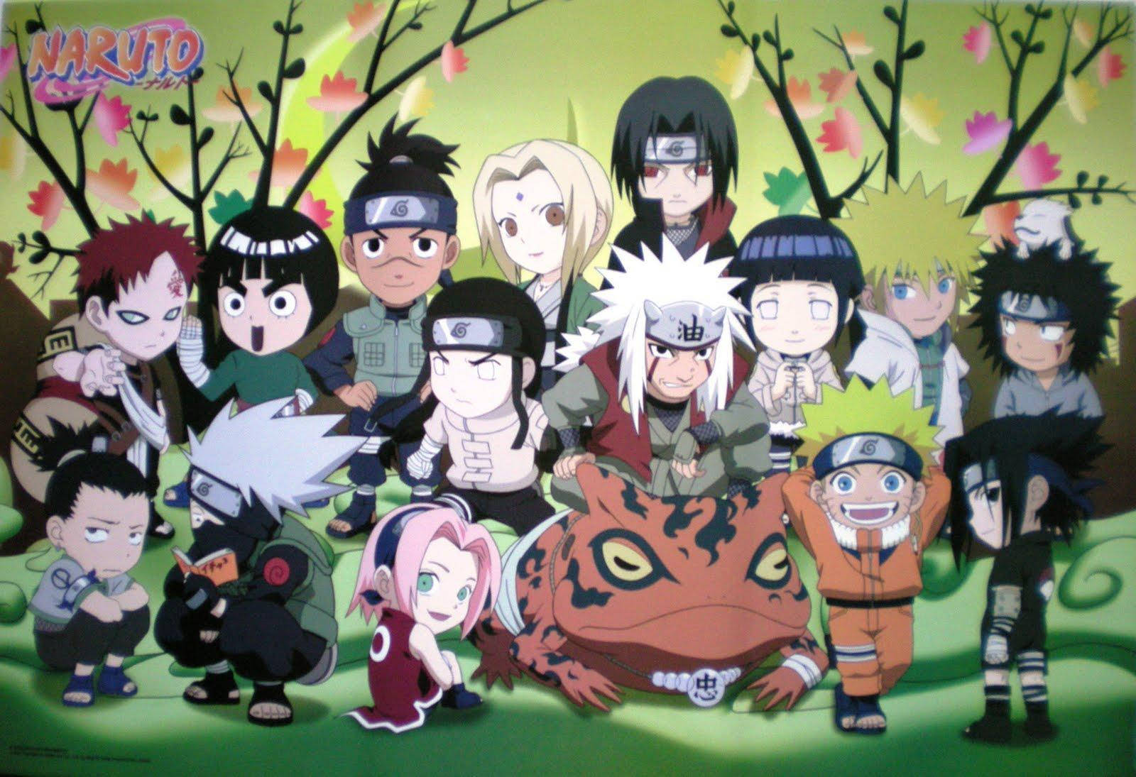 Naruto, chibi anime characters, blooming cherry blossom trees, HD Desktop Wallpaper