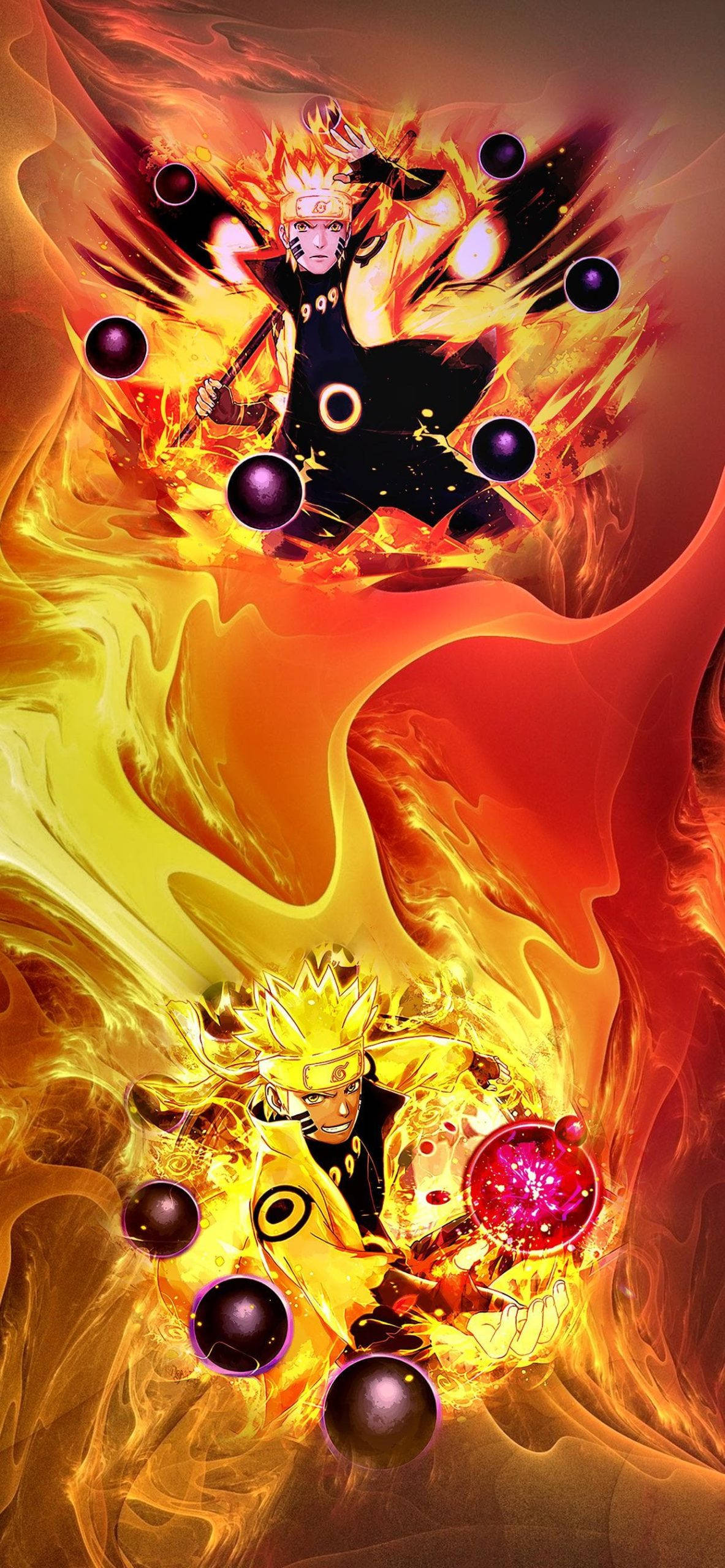 Naruto, fiery orange and yellow chakra mode, purple orbs, 2K Phone Wallpaper