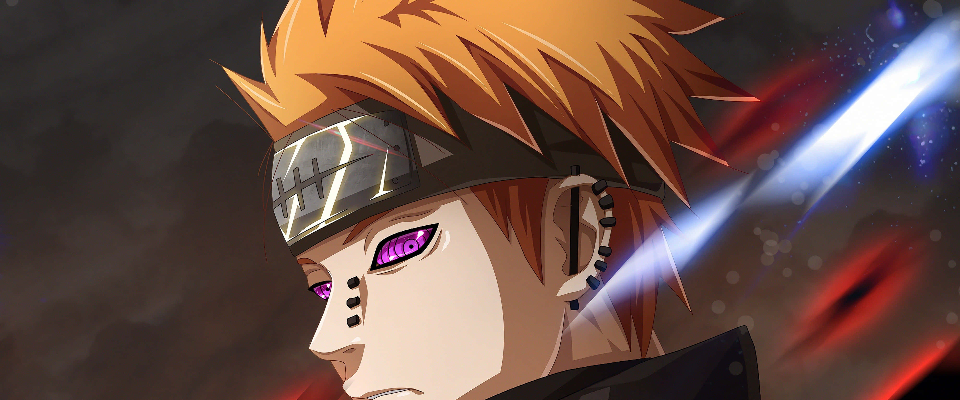 Naruto Pain, spiky orange hair, glowing purple eyes, 4K Desktop Wallpaper