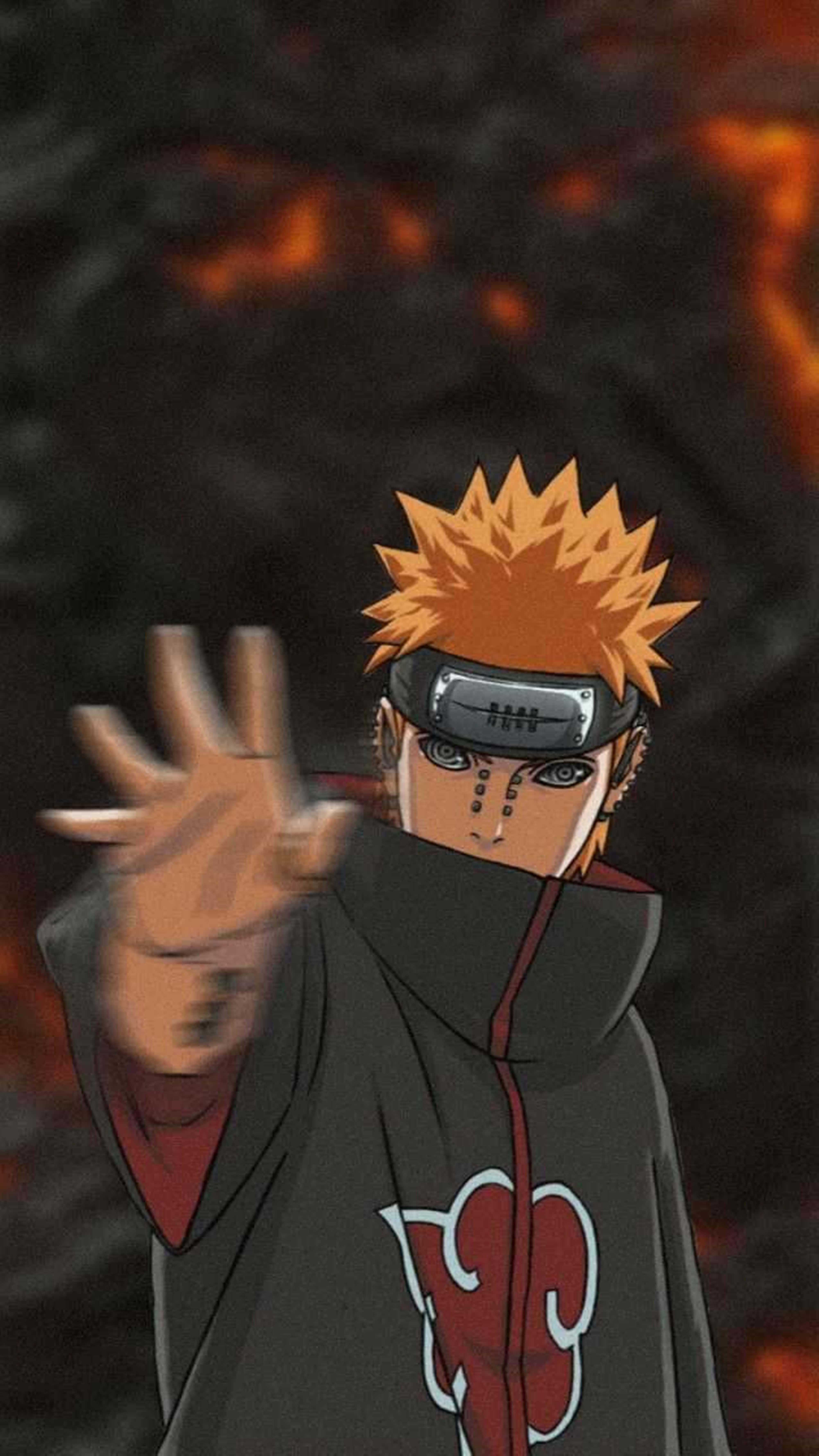 Naruto Pain, spiky orange hair, red cloud cloak, 5K Phone Wallpaper