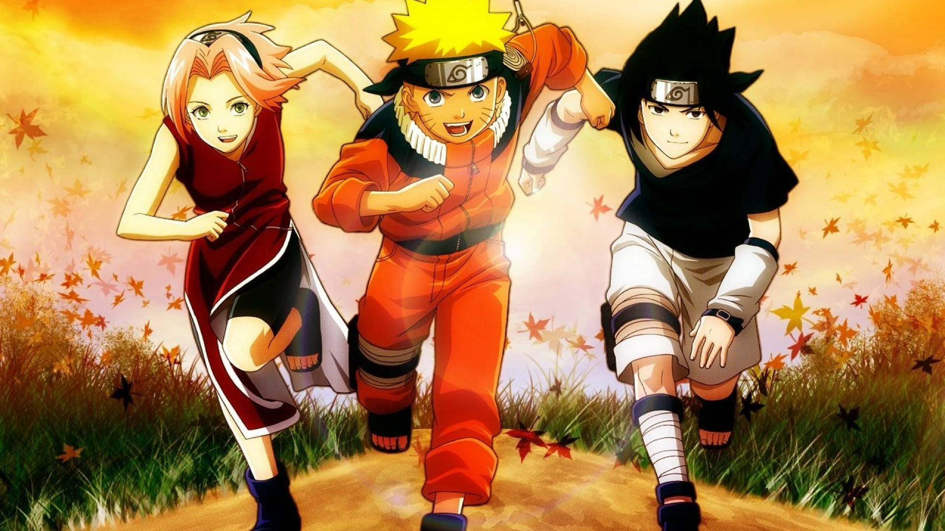 Naruto, Team 7, autumn leaves, Full HD Desktop Wallpaper