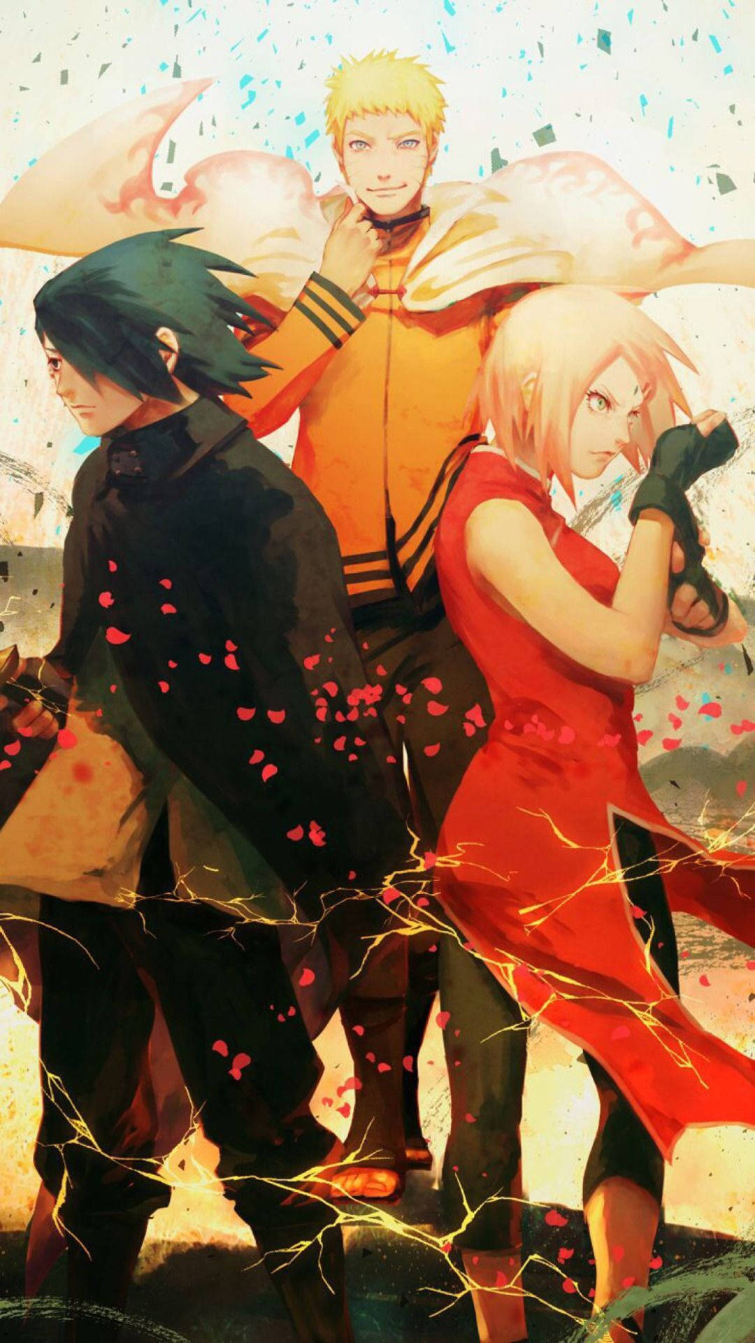 Naruto, anime characters, falling petals, Full HD Phone Wallpaper