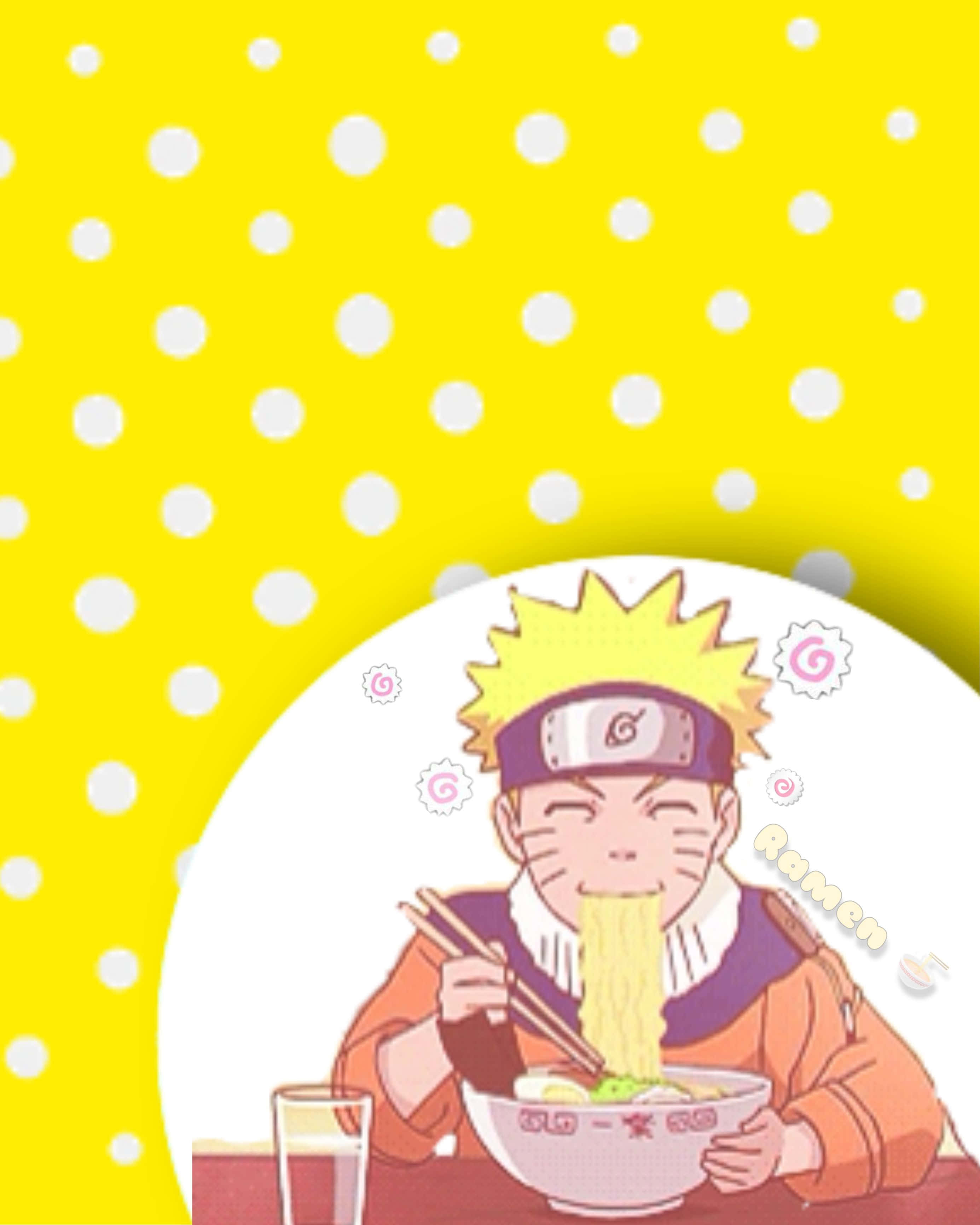 Naruto, ramen noodles, bright yellow polka dot background, 2K Phone Wallpaper