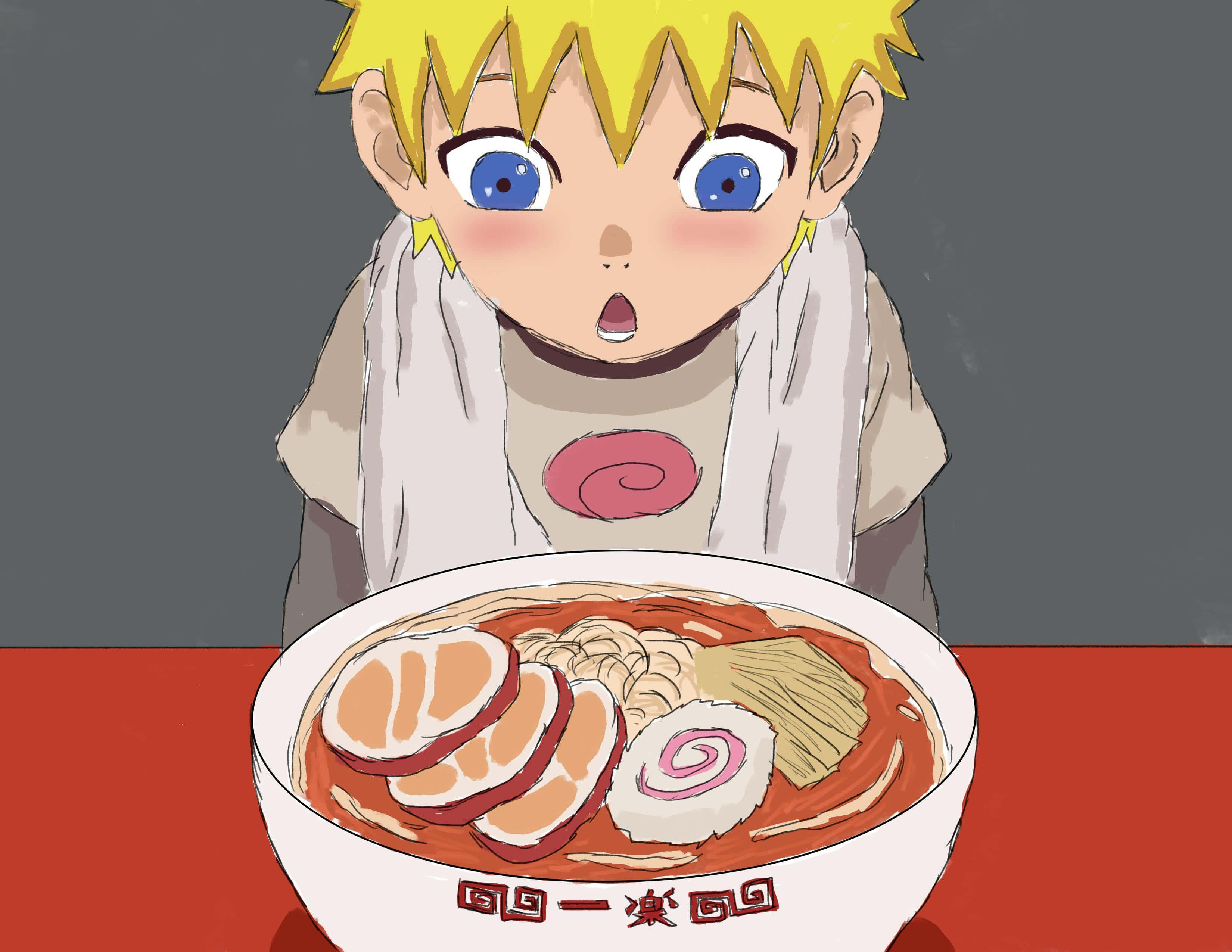 Naruto, spiky blonde hair, steaming bowl of ramen, 2K Desktop Wallpaper