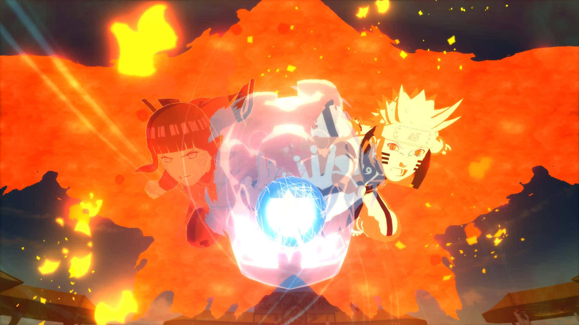 Naruto Rasengan, glowing blue sphere of energy, fiery orange sky, Full HD Desktop Wallpaper