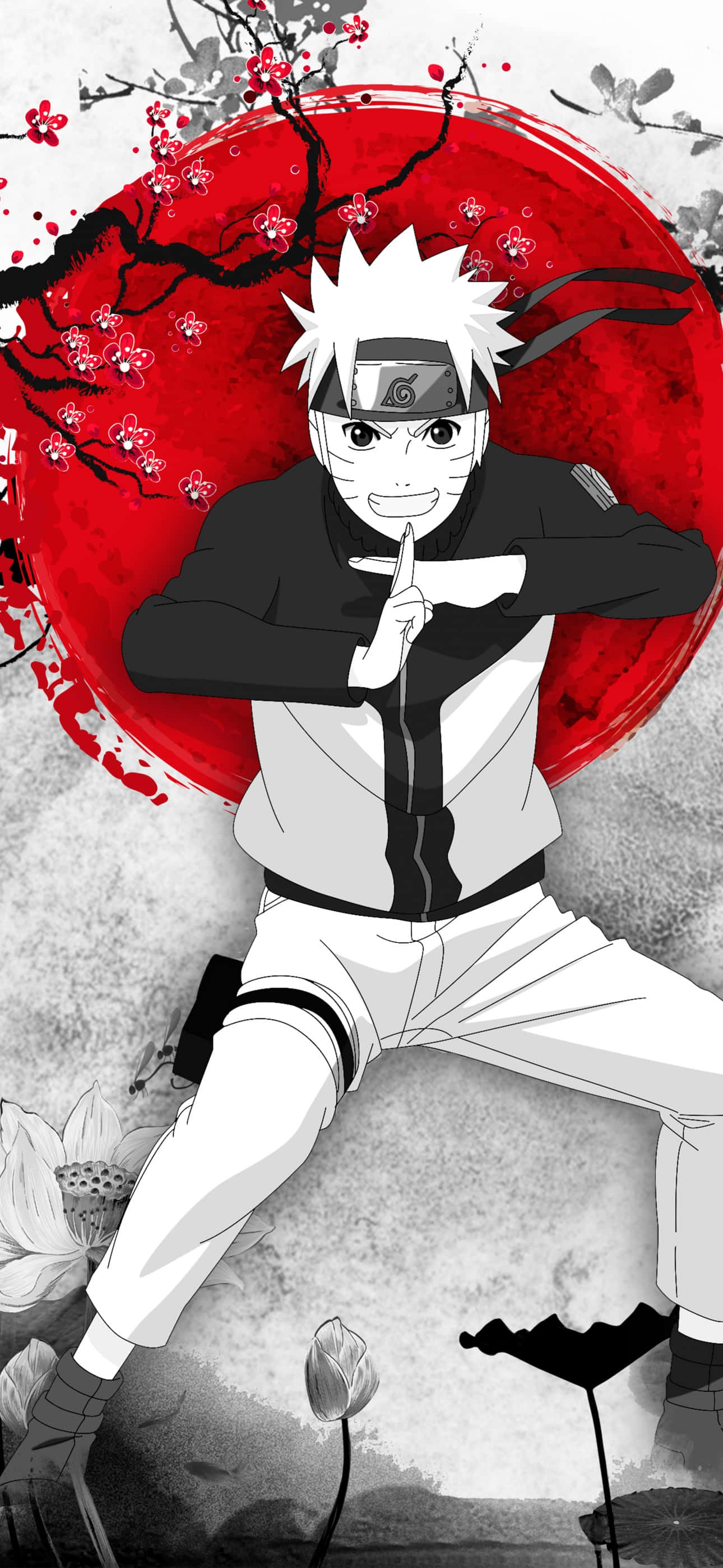 Naruto, red sun, cherry blossoms, 2K Phone Wallpaper