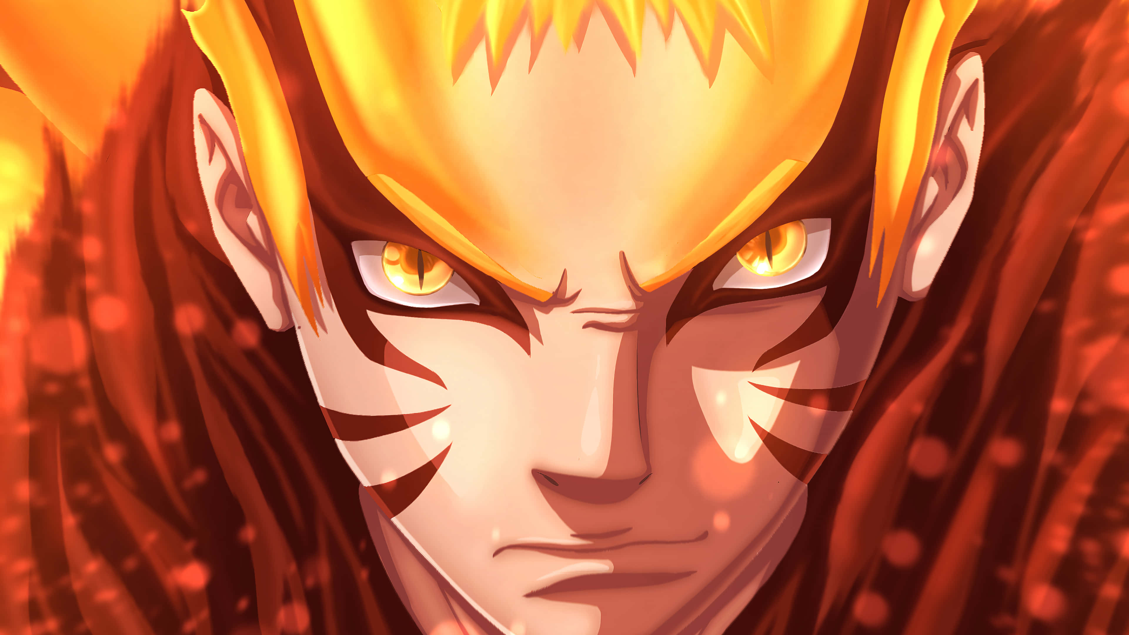 Naruto, fiery orange hair, glowing yellow eyes, 4K Desktop Wallpaper