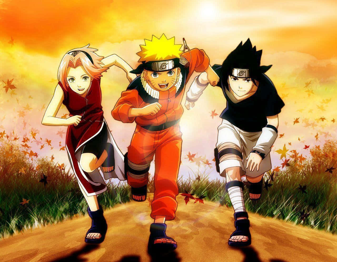 Naruto, autumn leaves, golden sunset sky, HD Desktop Wallpaper