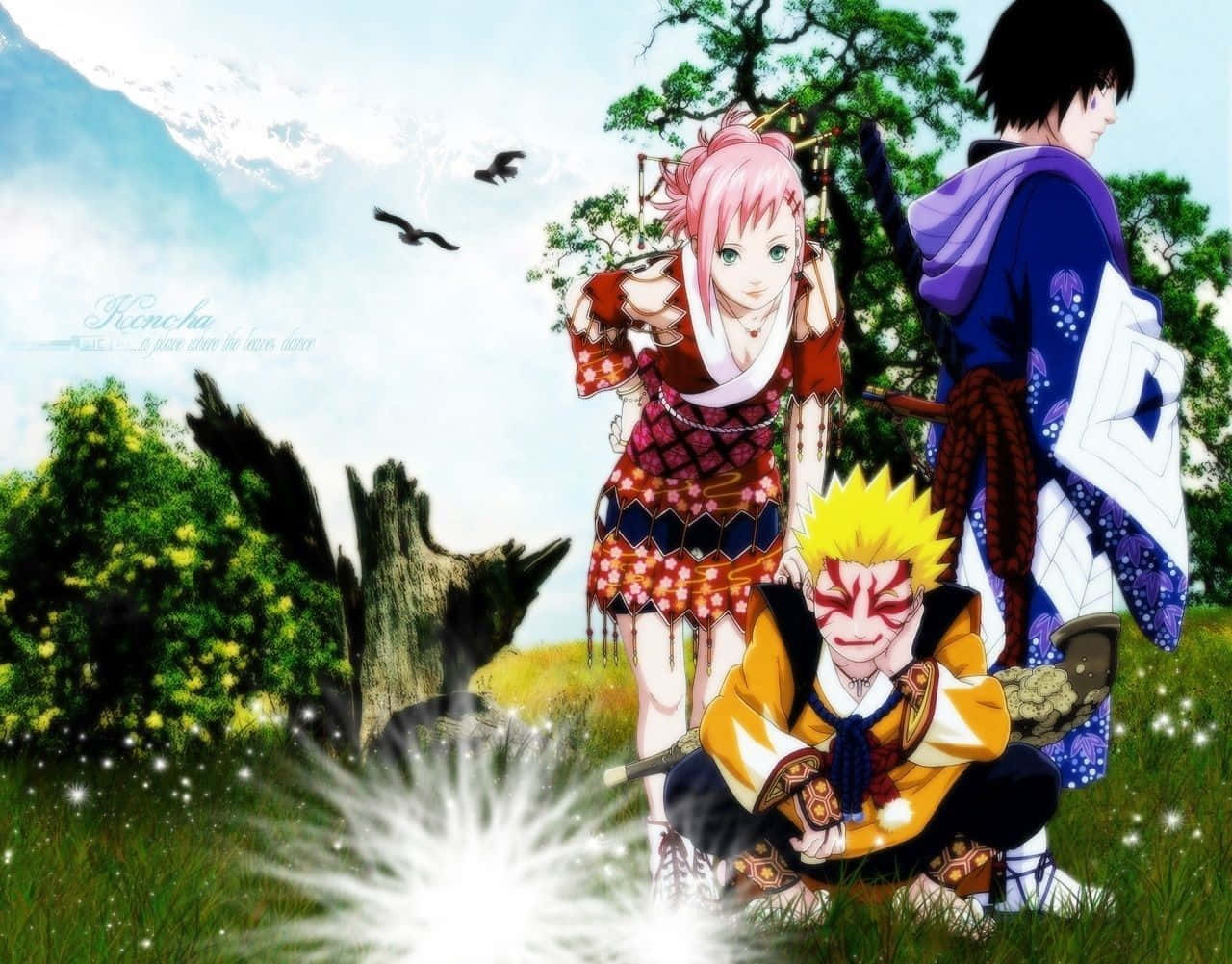 Naruto, friends, grassy field, HD Desktop Wallpaper