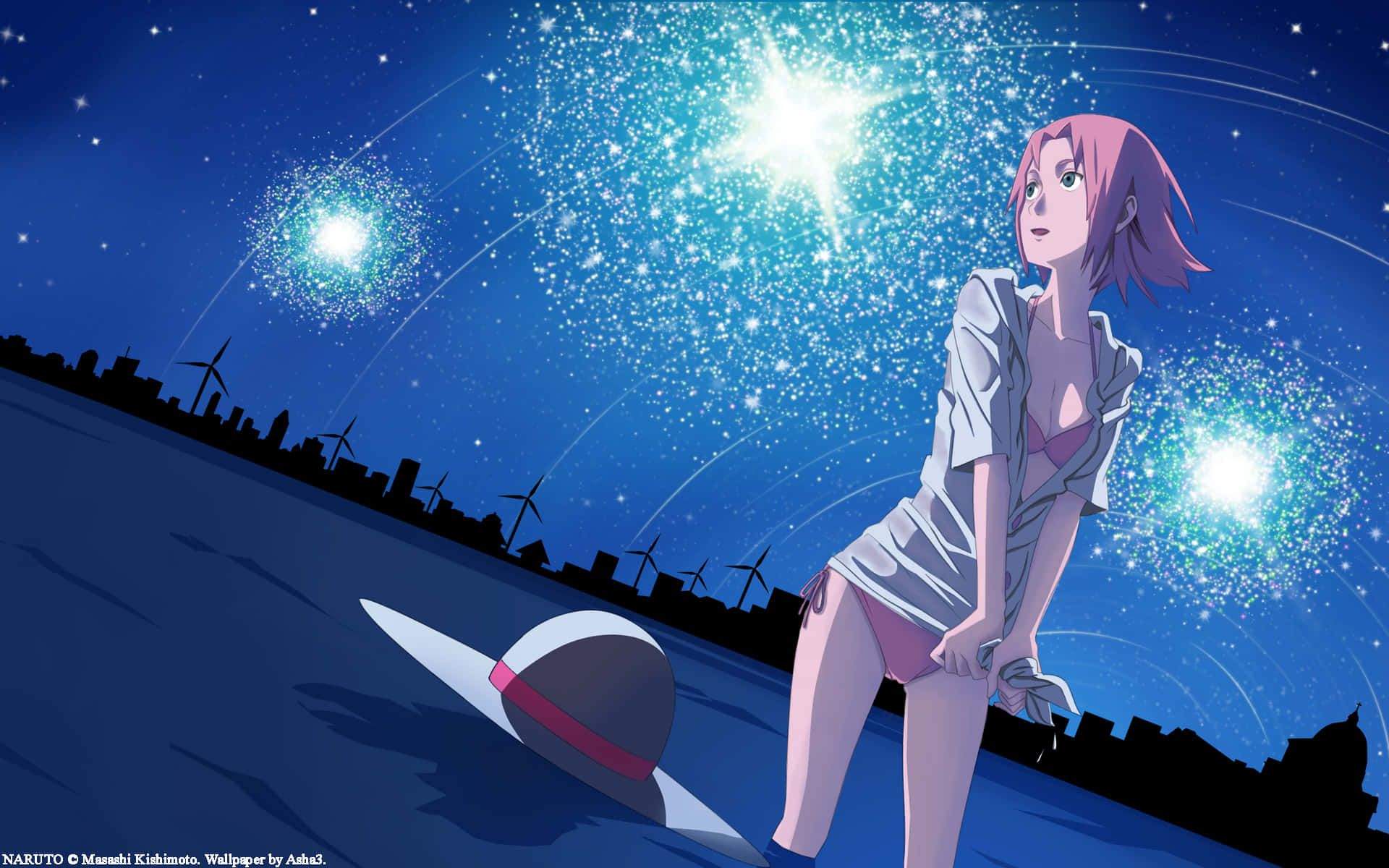 Naruto, pink-haired anime girl, starry sky, Full HD Desktop Wallpaper