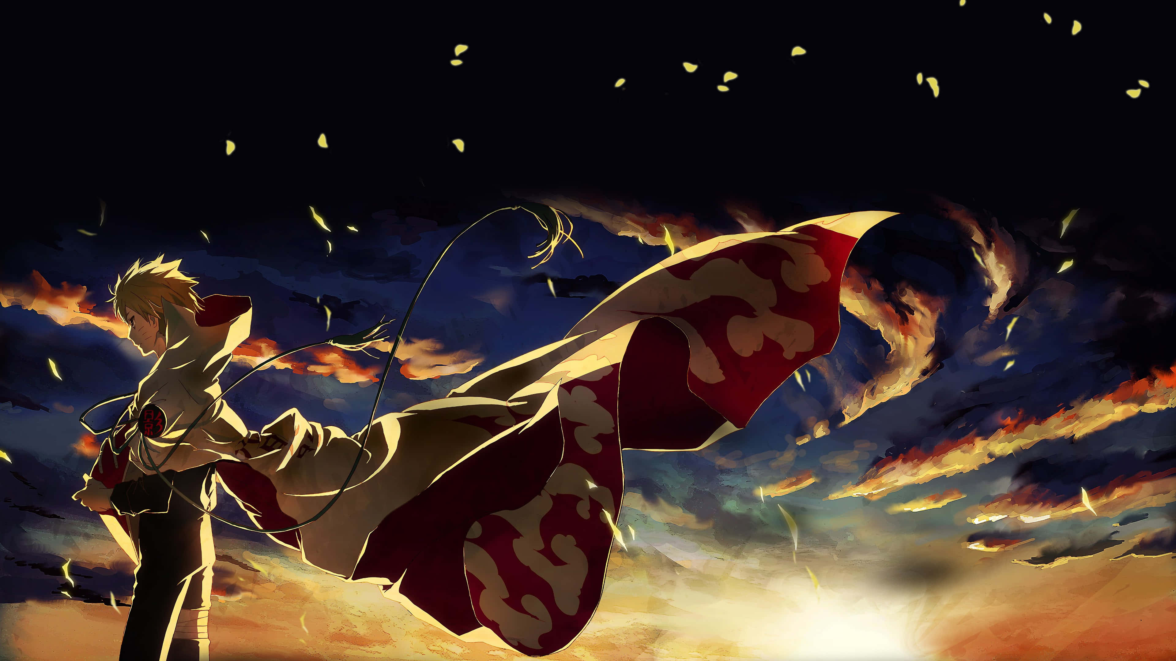 Naruto, golden-haired anime warrior, red and white cloak, 4K Desktop Wallpaper