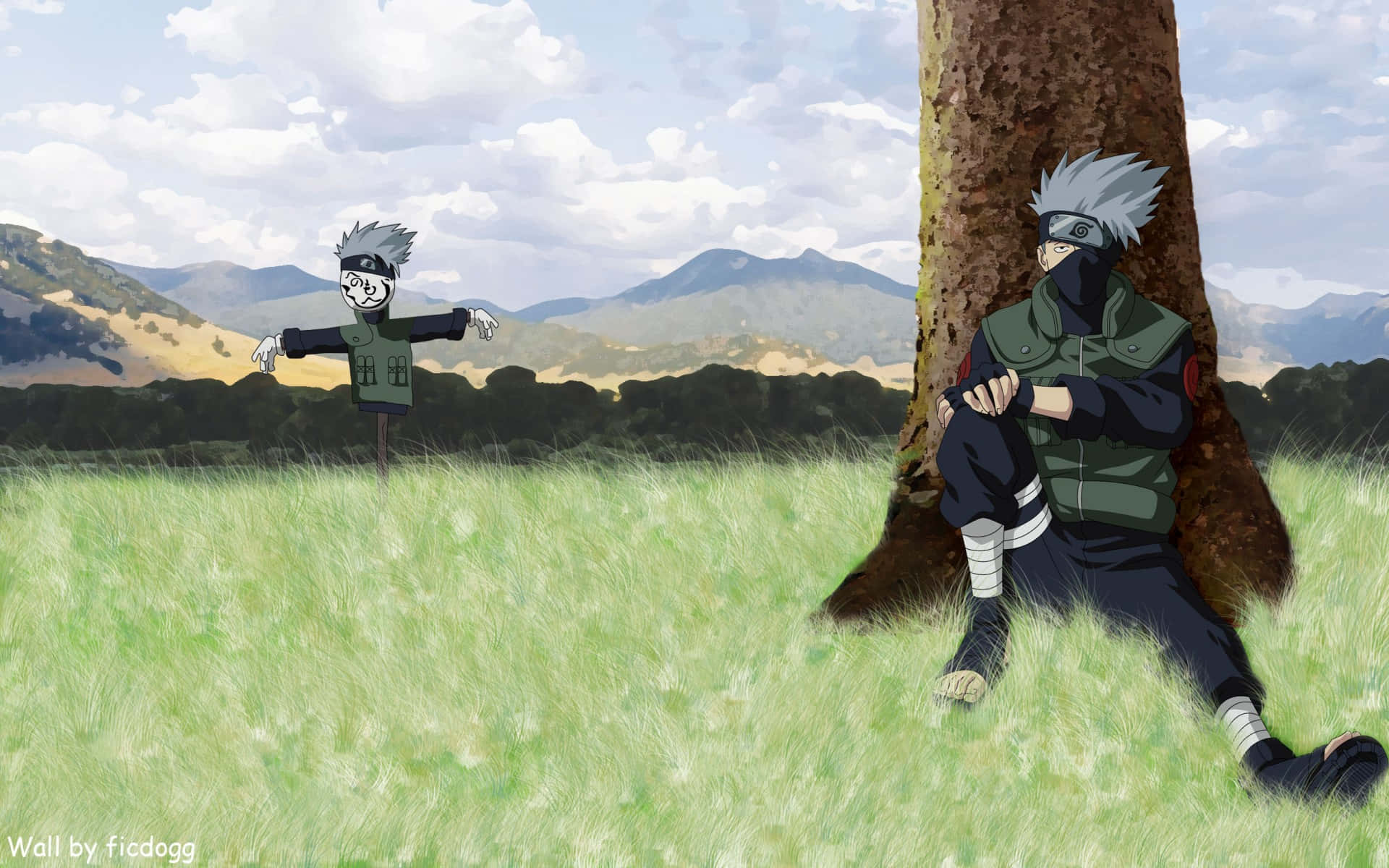 silver-haired ninja, tree, grassy field, Full HD Desktop Wallpaper