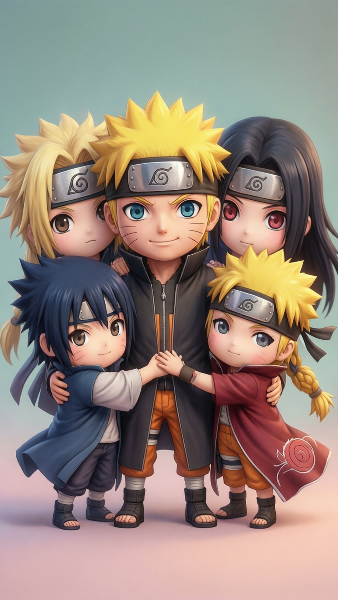 chibi, group hug, Naruto Shippuden characters, Full HD Phone Wallpaper