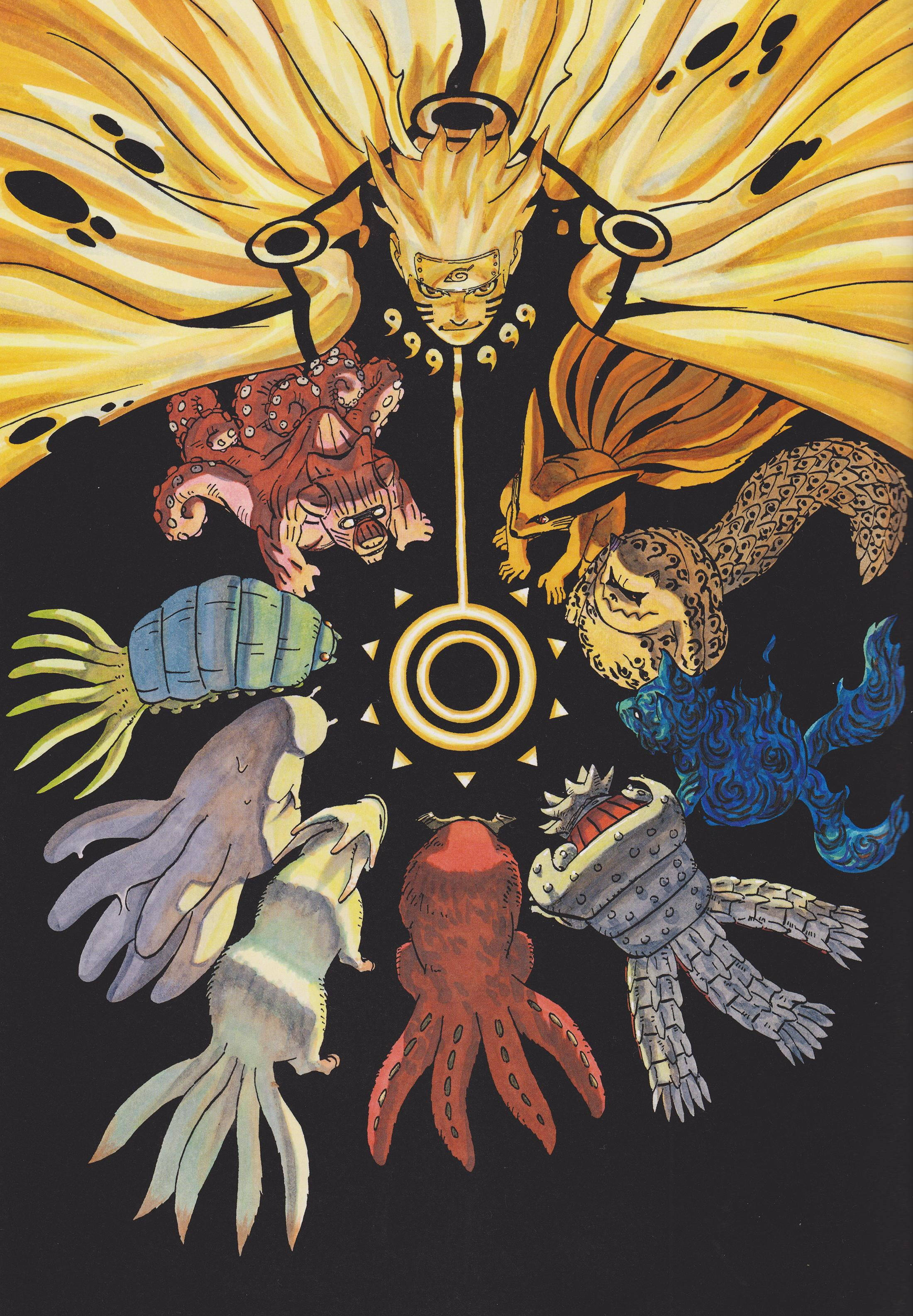 Naruto, golden chakra wings, nine colorful chakra beasts, 2K Phone Wallpaper