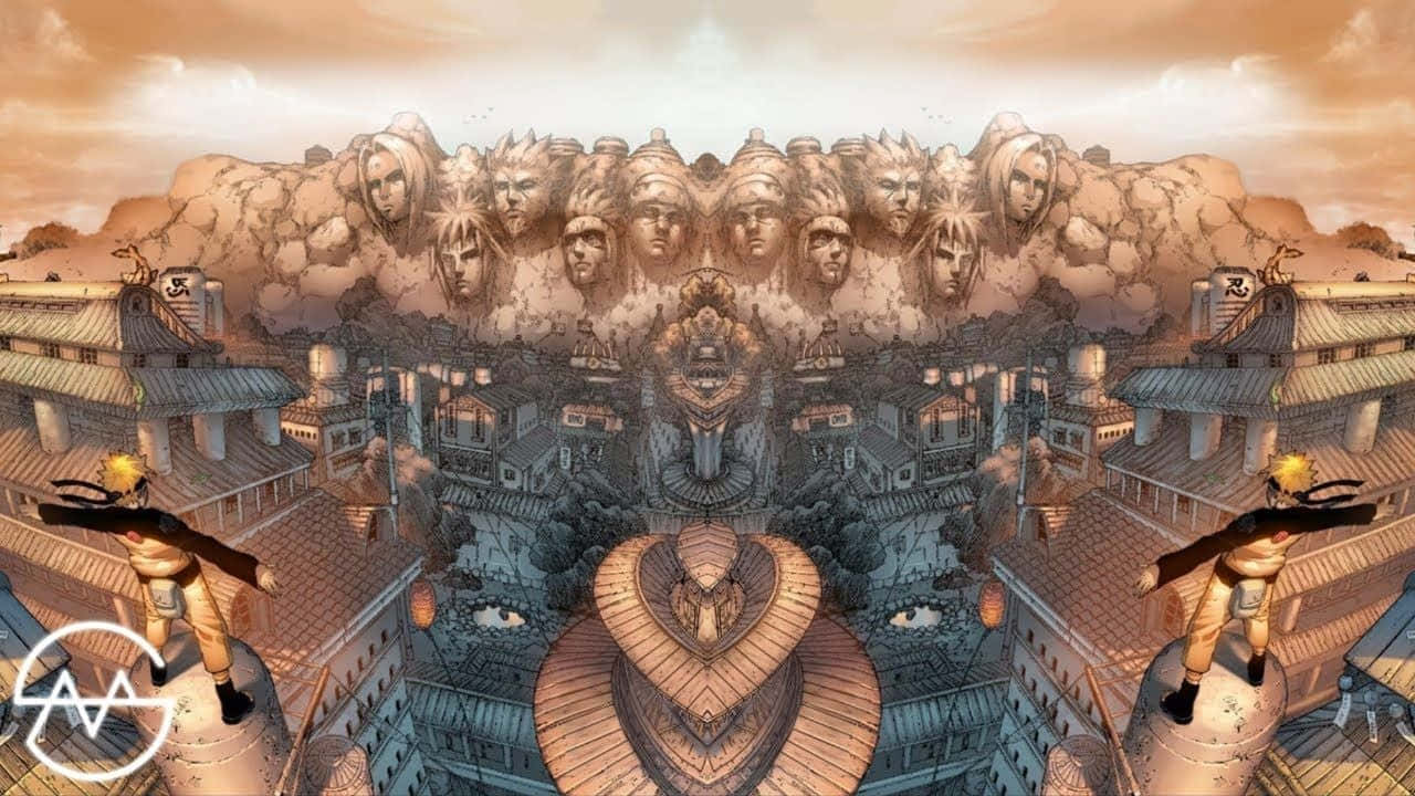 Hidden Leaf Village, Naruto, colossal stone monument with multiple carved faces, HD Desktop Wallpaper