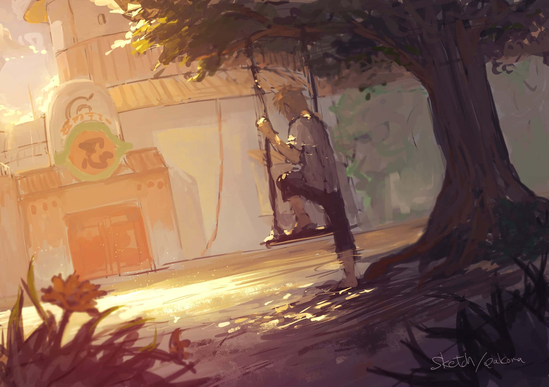 Naruto Swing, golden sunset, tree, Full HD Desktop Wallpaper