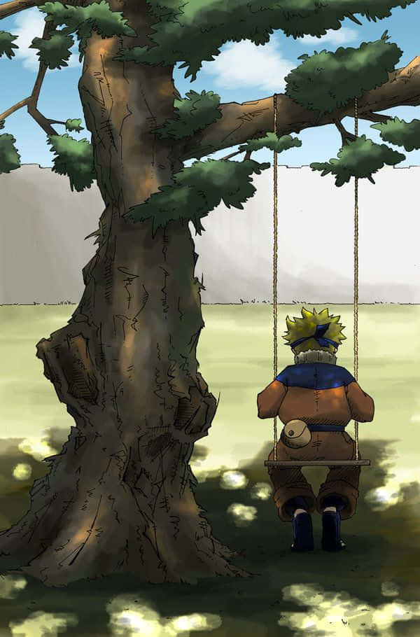Naruto Swing, spiky-haired boy, massive tree trunk, SD Phone Wallpaper