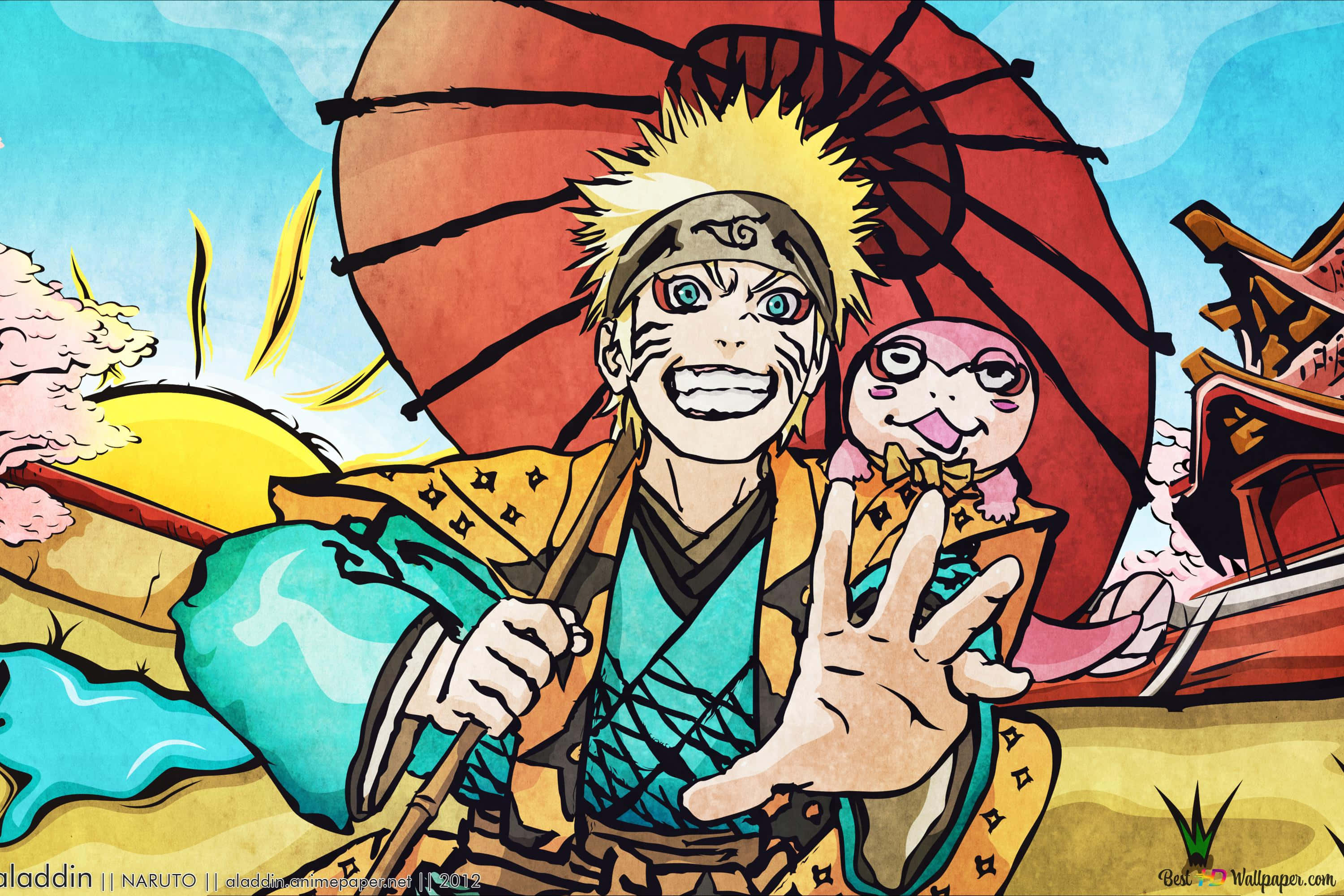 Naruto Uzumaki, spiky blonde hair, whisker marks, 2K Desktop Wallpaper