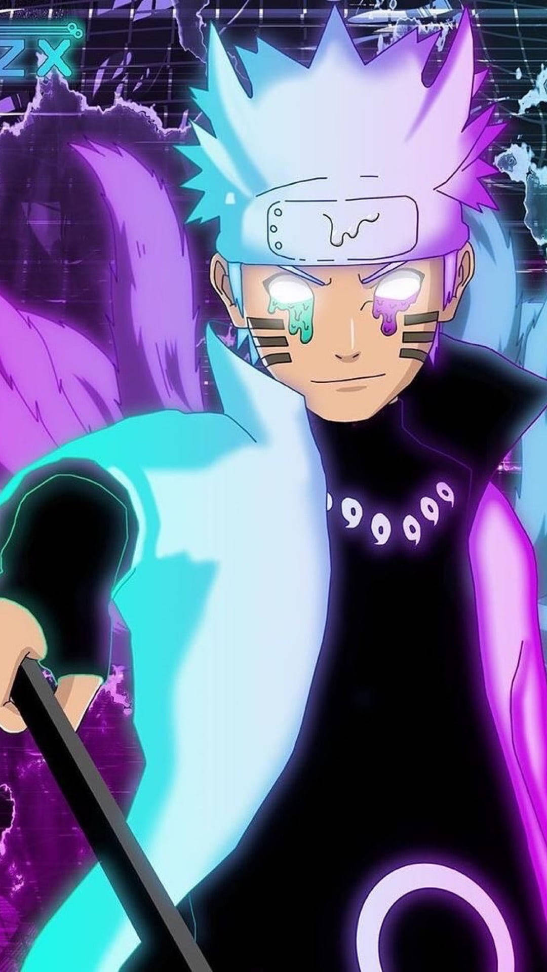 Naruto Uzumaki, glowing chakra mode, purple and cyan energy, Full HD Phone Wallpaper