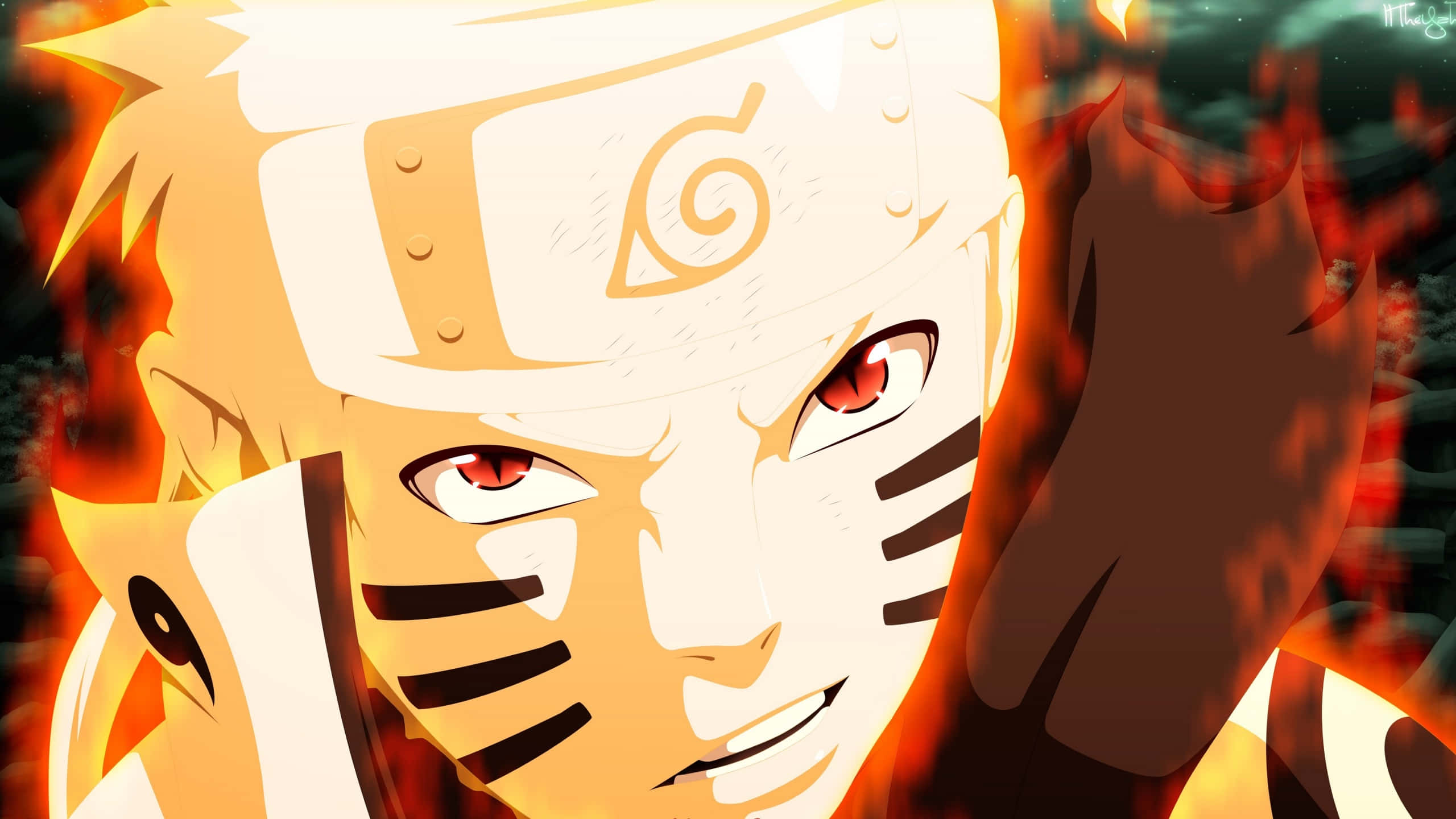 Naruto Uzumaki, fiery orange chakra aura, determined expression, 2K Desktop Wallpaper
