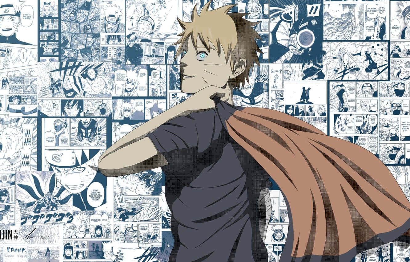 Naruto Uzumaki, orange cloak, blue and white manga panels, HD Desktop Wallpaper