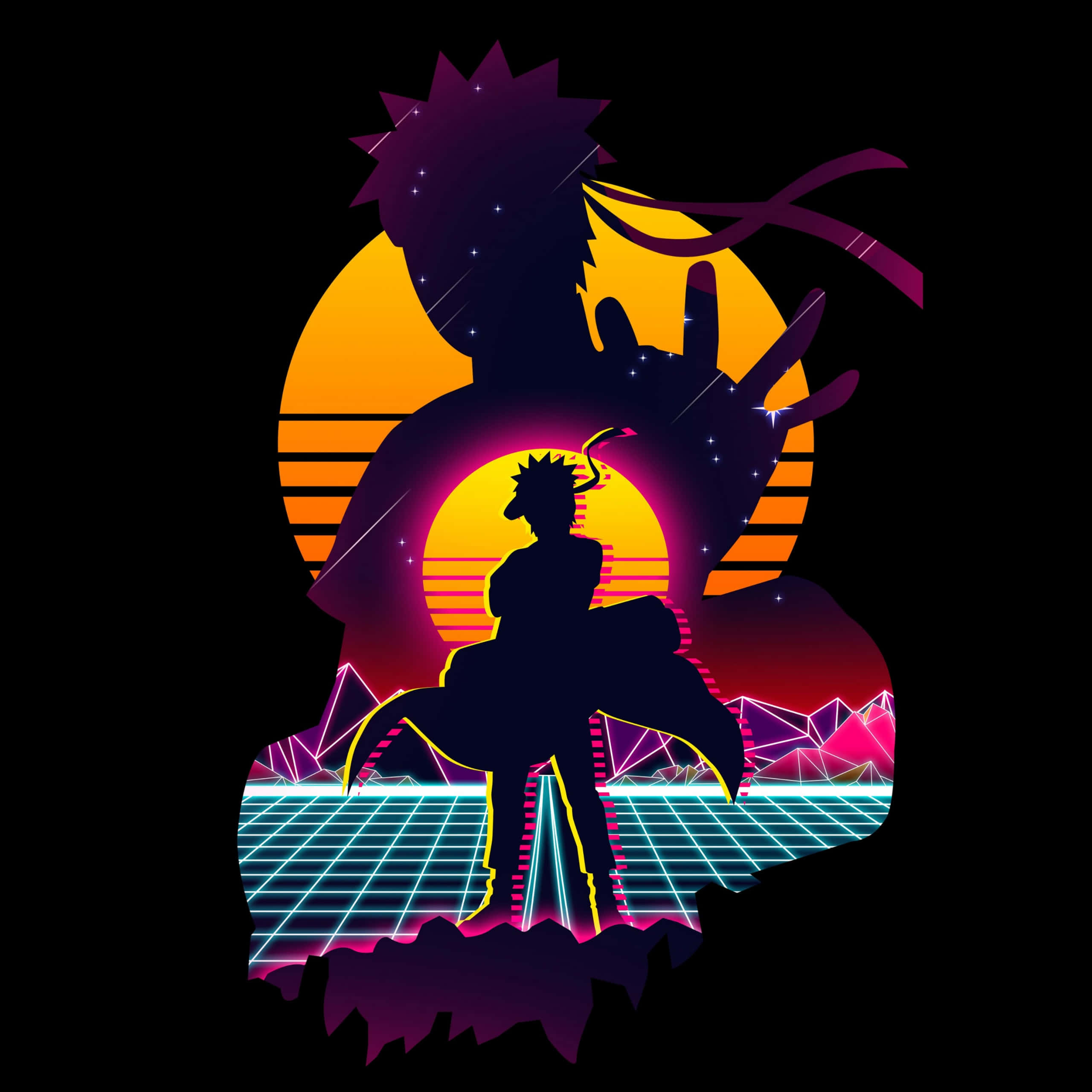 Naruto Uzumaki, spiky-haired anime character, retro-futuristic sunset, 2K Desktop Wallpaper