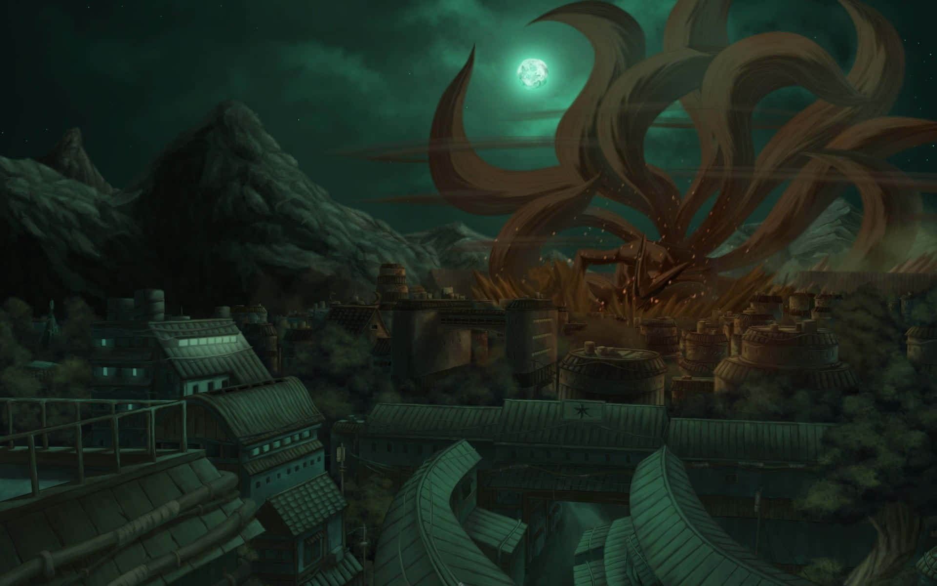 Naruto Village, nine-tailed fox, moonlit village, Full HD Desktop Wallpaper