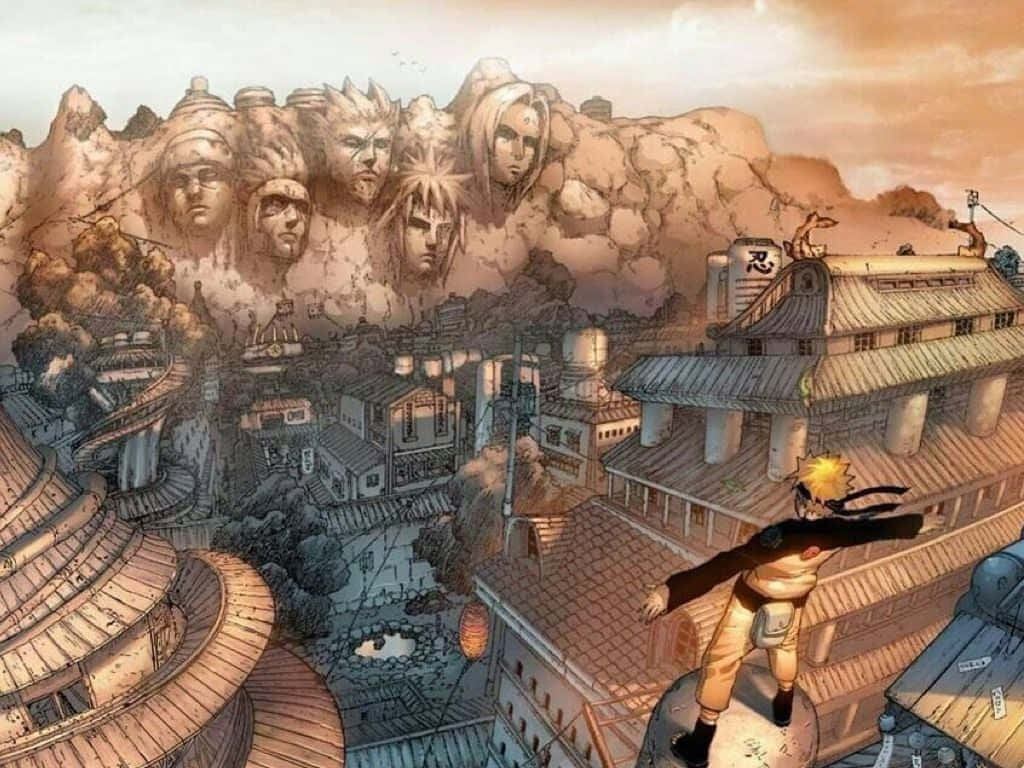 Naruto Village, sunrise, giant carved faces on a mountain, SD Desktop Wallpaper